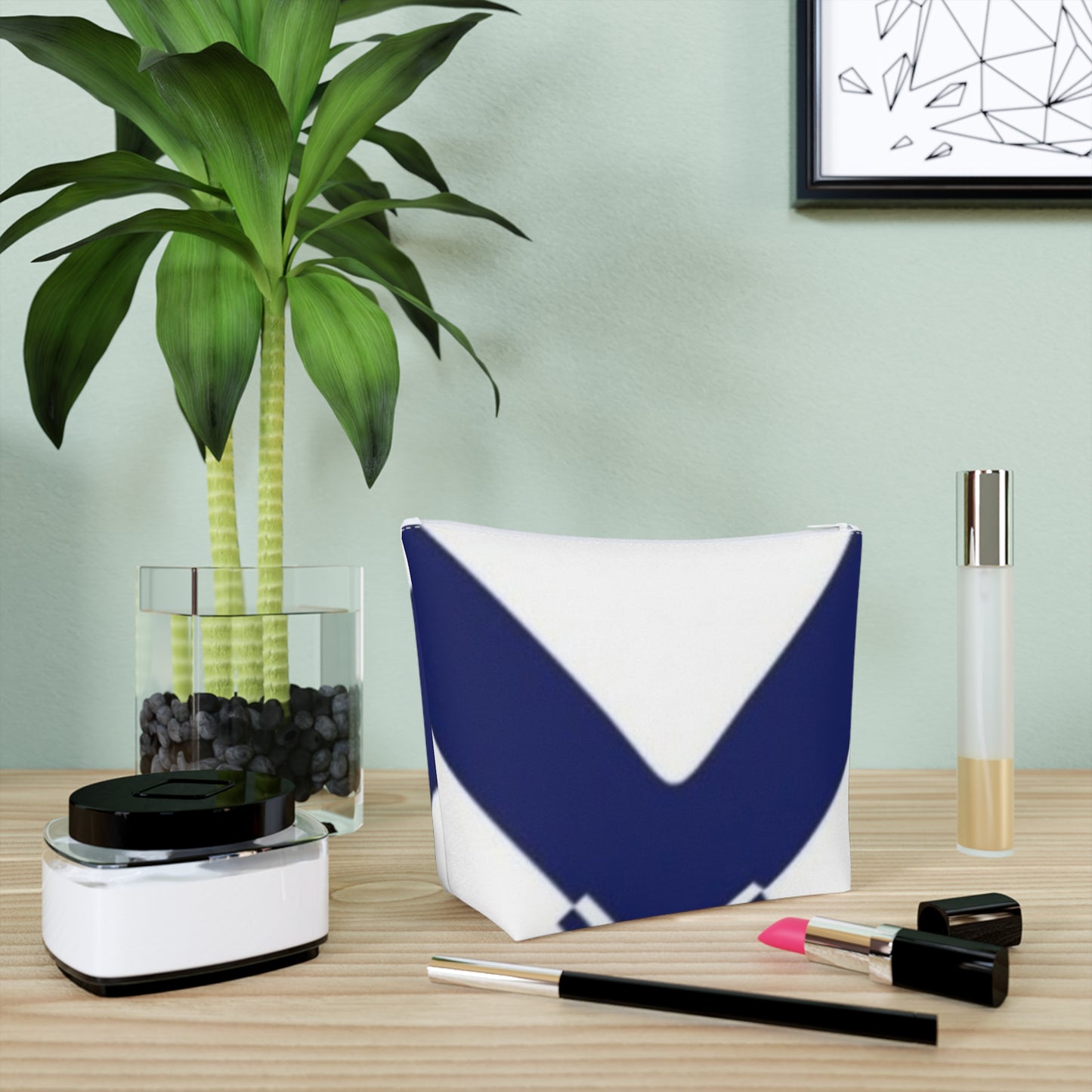 Chic Cotton Cosmetic Bag for Travel, Makeup Organizer, Stylish Toiletry Pouch, Gift for Her, Blue Geometric Design