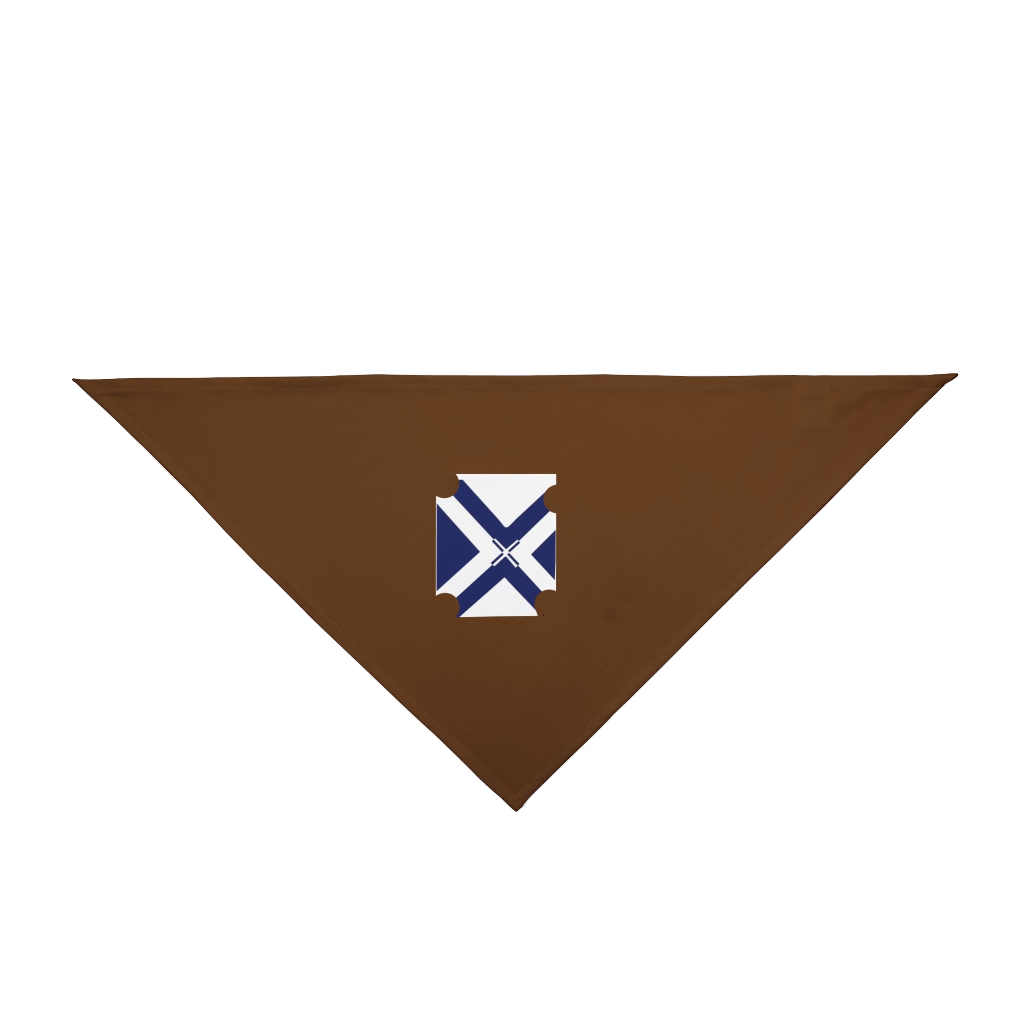 Brown Pet Bandana with Blue Geometric Patch — Cozy Everyday Dog & Cat Accessory