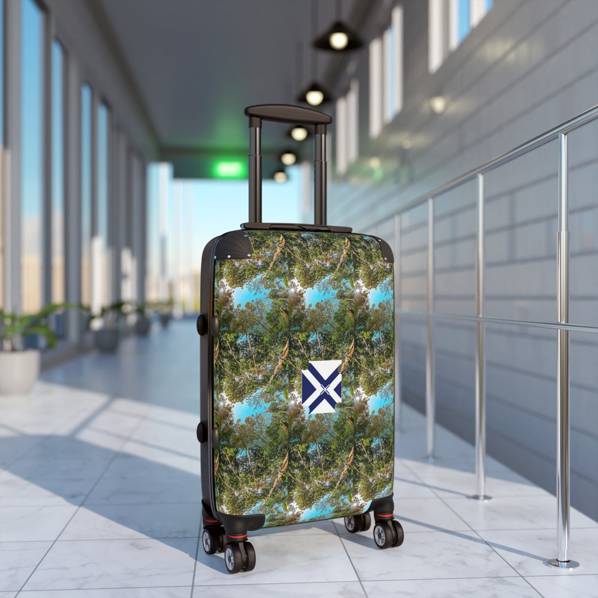 Nature Kaleidoscope Carry-On Suitcase — Blue Green Tree Pattern with Center Emblem
