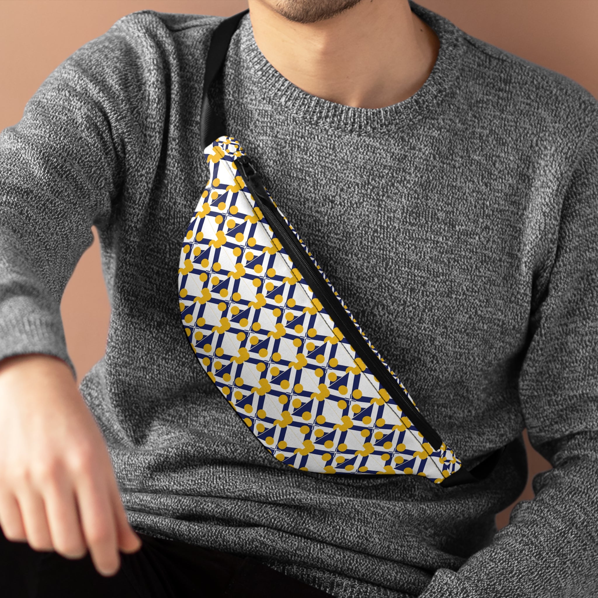 XT9 Yellow & Navy Pattern Fanny Pack — Retro Mosaic Waist Bag