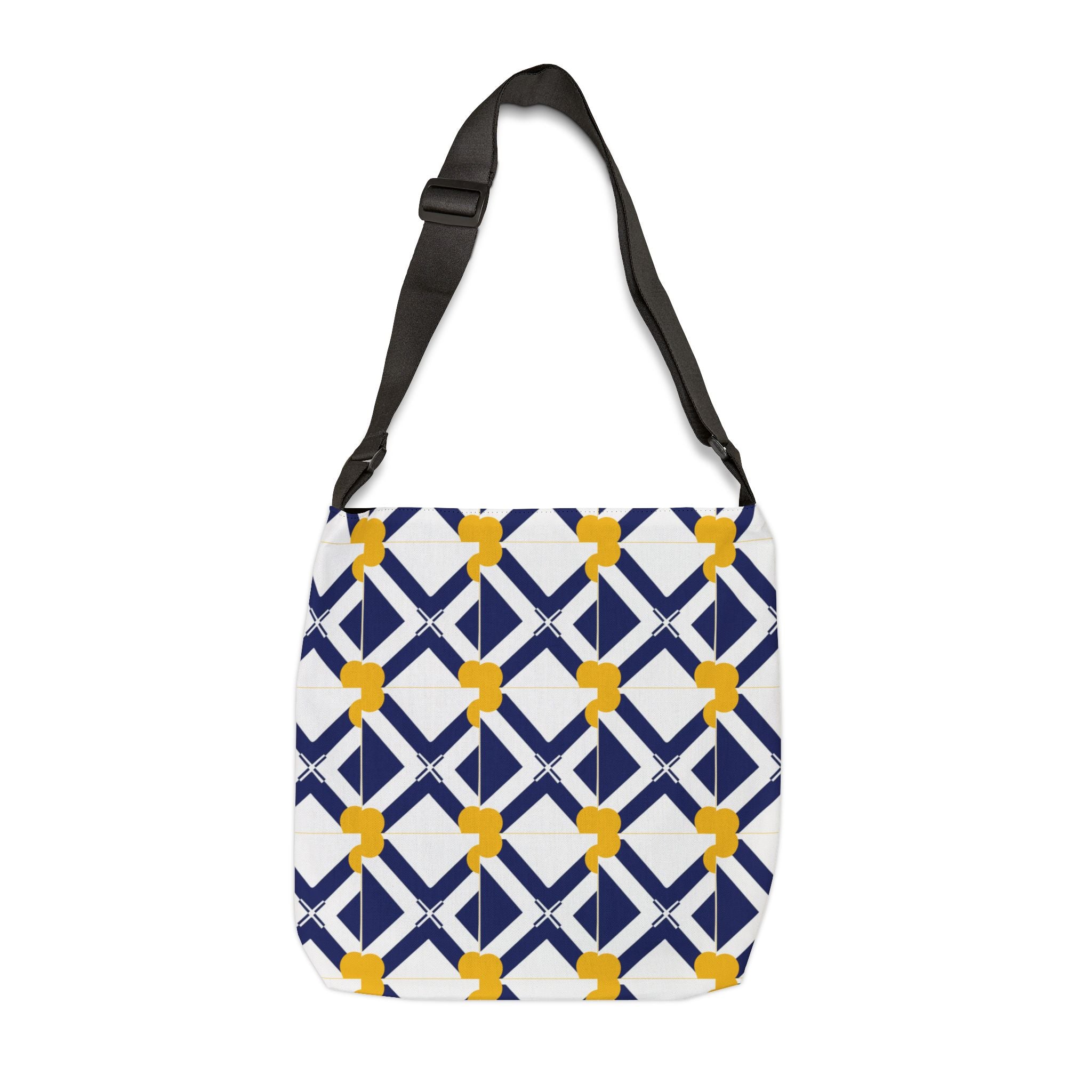 Geometric Navy & Gold Adjustable Tote Bag — Modern Lattice Pattern