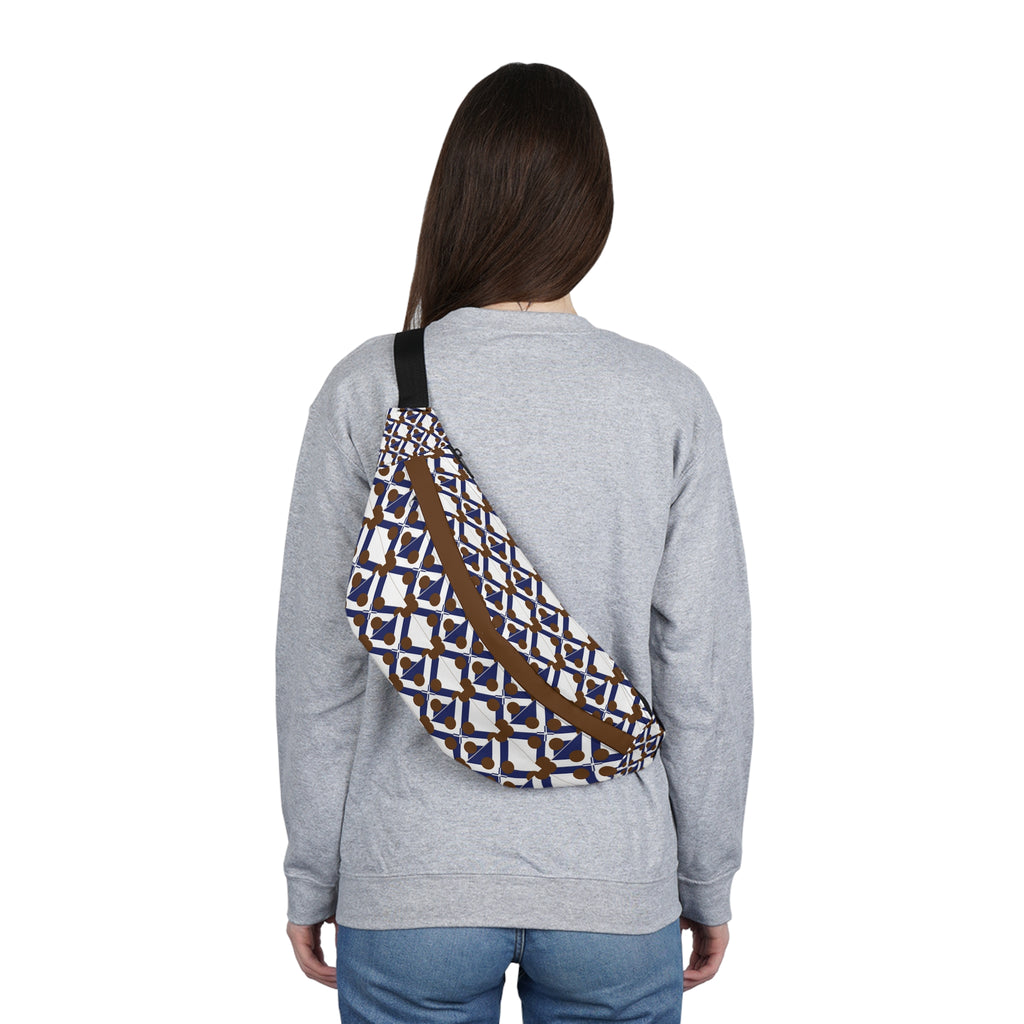 Geometric Tile Large Fanny Pack — Retro Blue & Brown Waist Bag