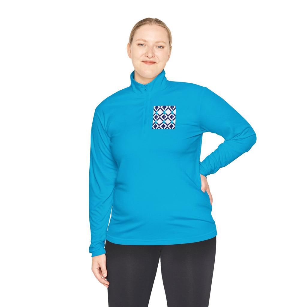 Quarter-Zip Pullover — Navy Geometric Tile Chest Graphic