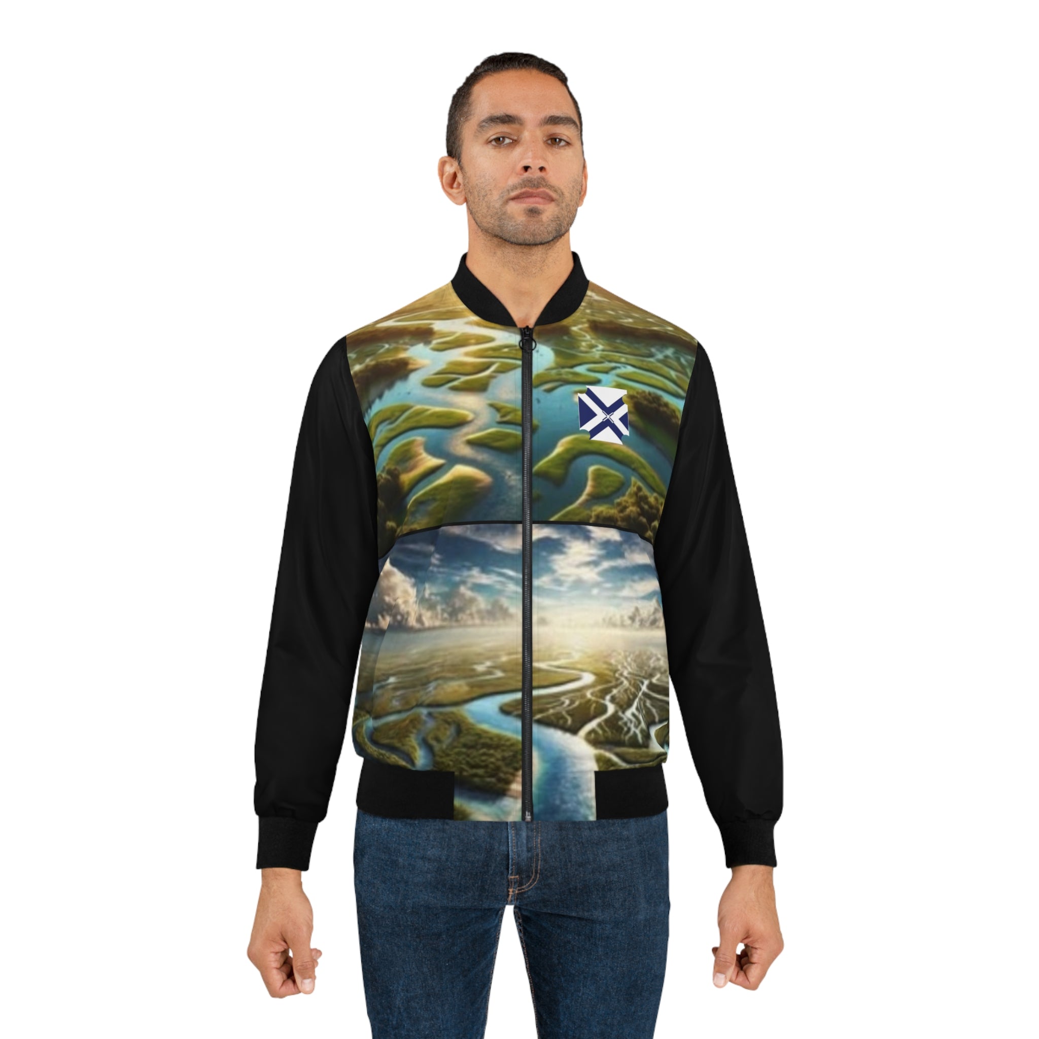 Scenic XT River Delta Bomber Jacket — All-Over-Print Landscape Flight Jacket