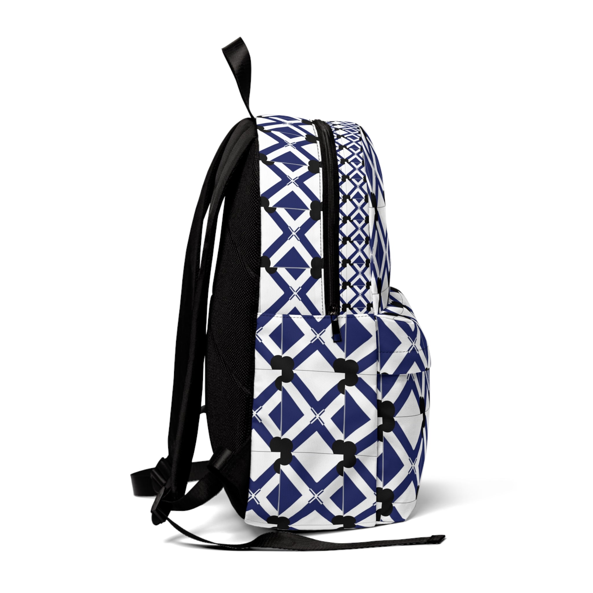 Geometric Navy Lattice Backpack — Modern Blue Pattern School & Travel Bag