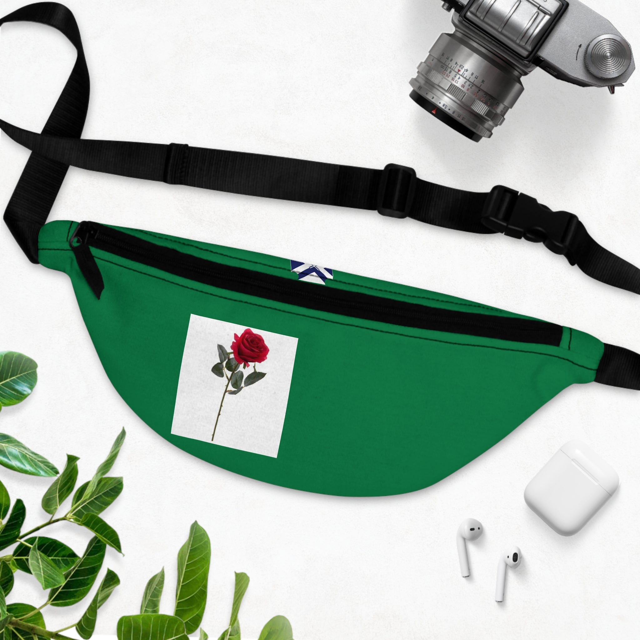 Green Fanny Pack with Red Rose Patch – Casual Floral Waist Bag