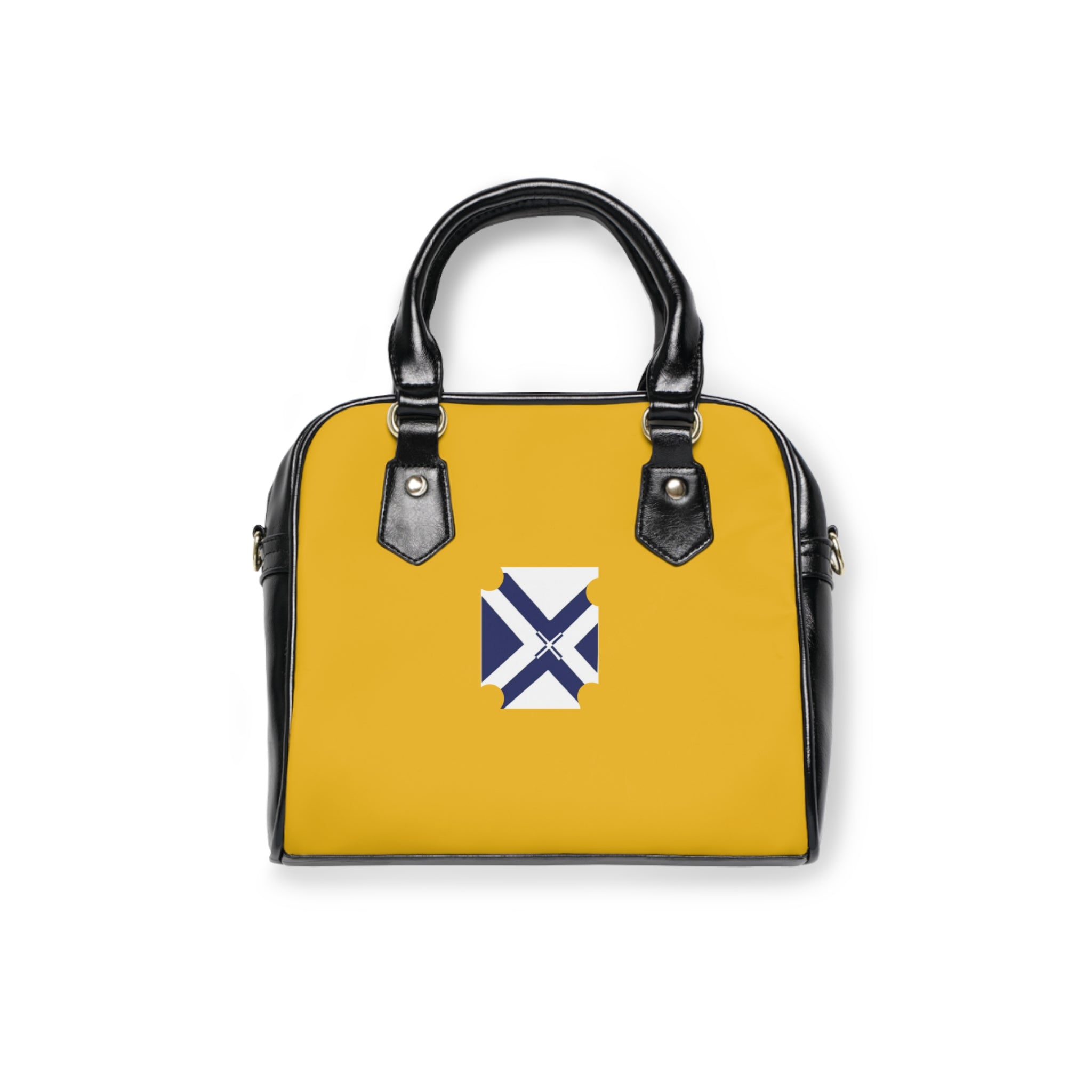 Yellow Shoulder Handbag with Blue Cross Emblem