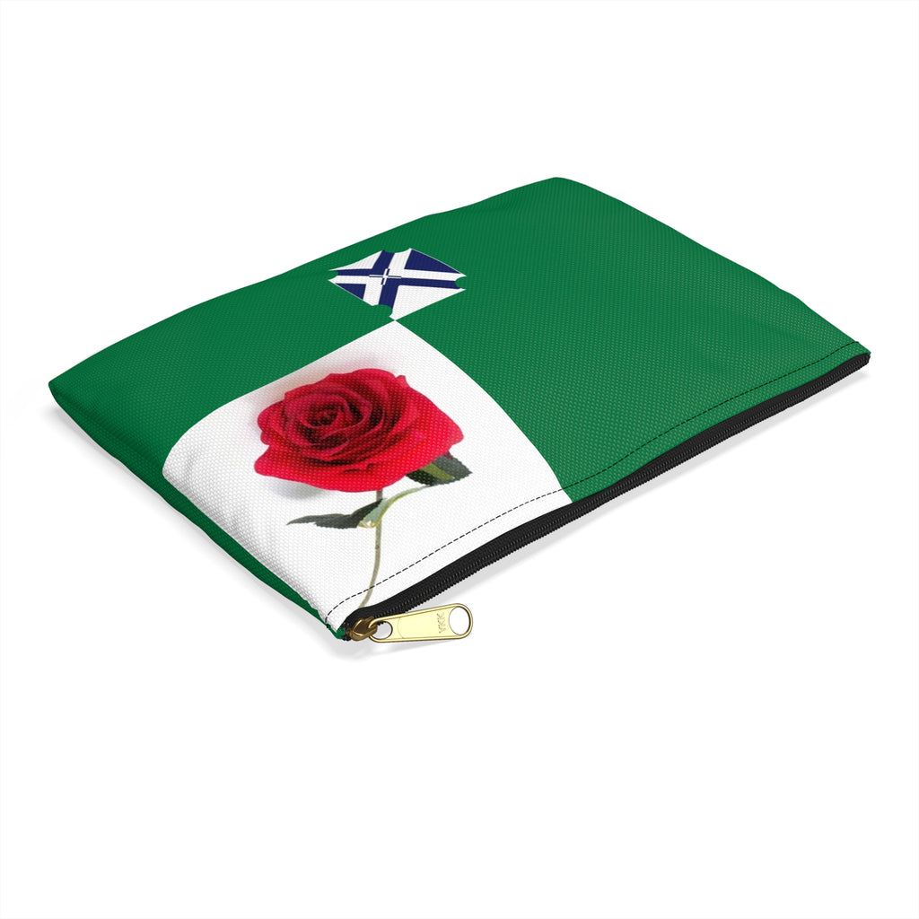 Green Rose Accessory Pouch — Floral Rose Zip Cosmetic Bag with Blue Cross Accent
