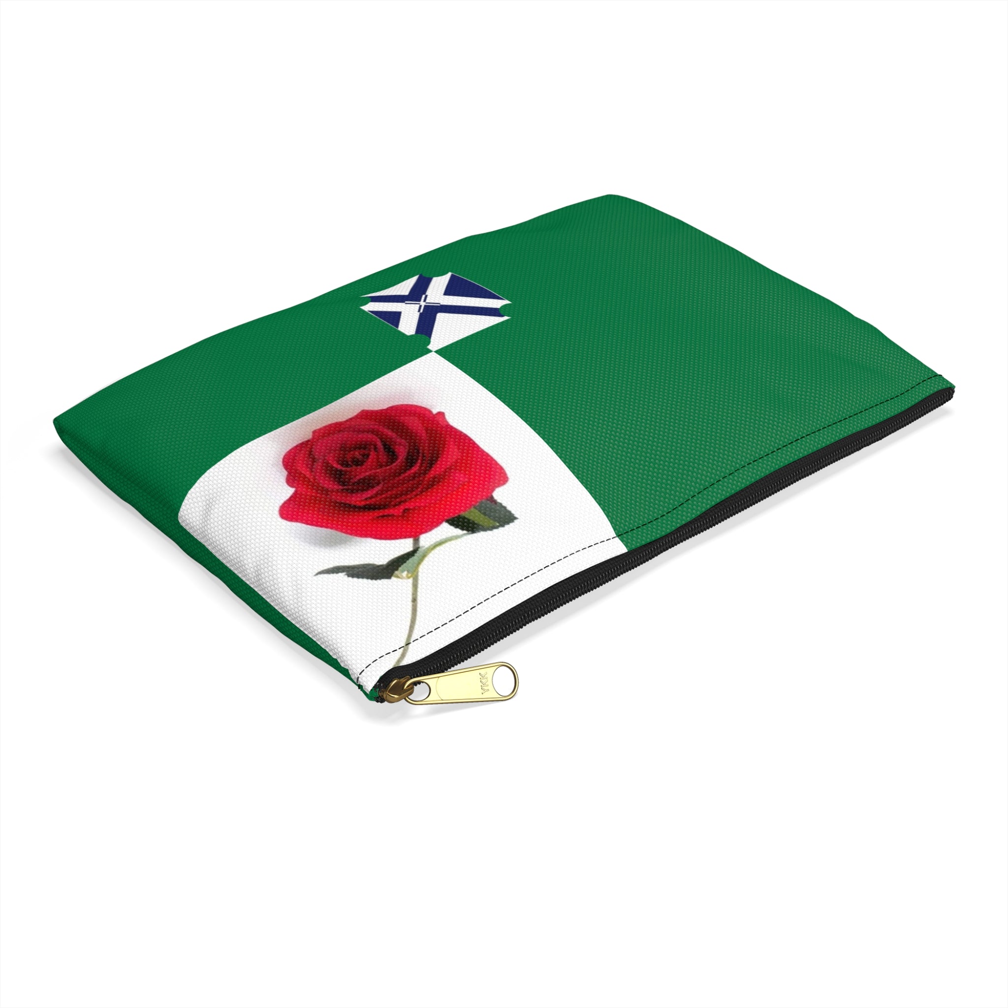 Green Rose Accessory Pouch — Floral Rose Zip Cosmetic Bag with Blue Cross Accent