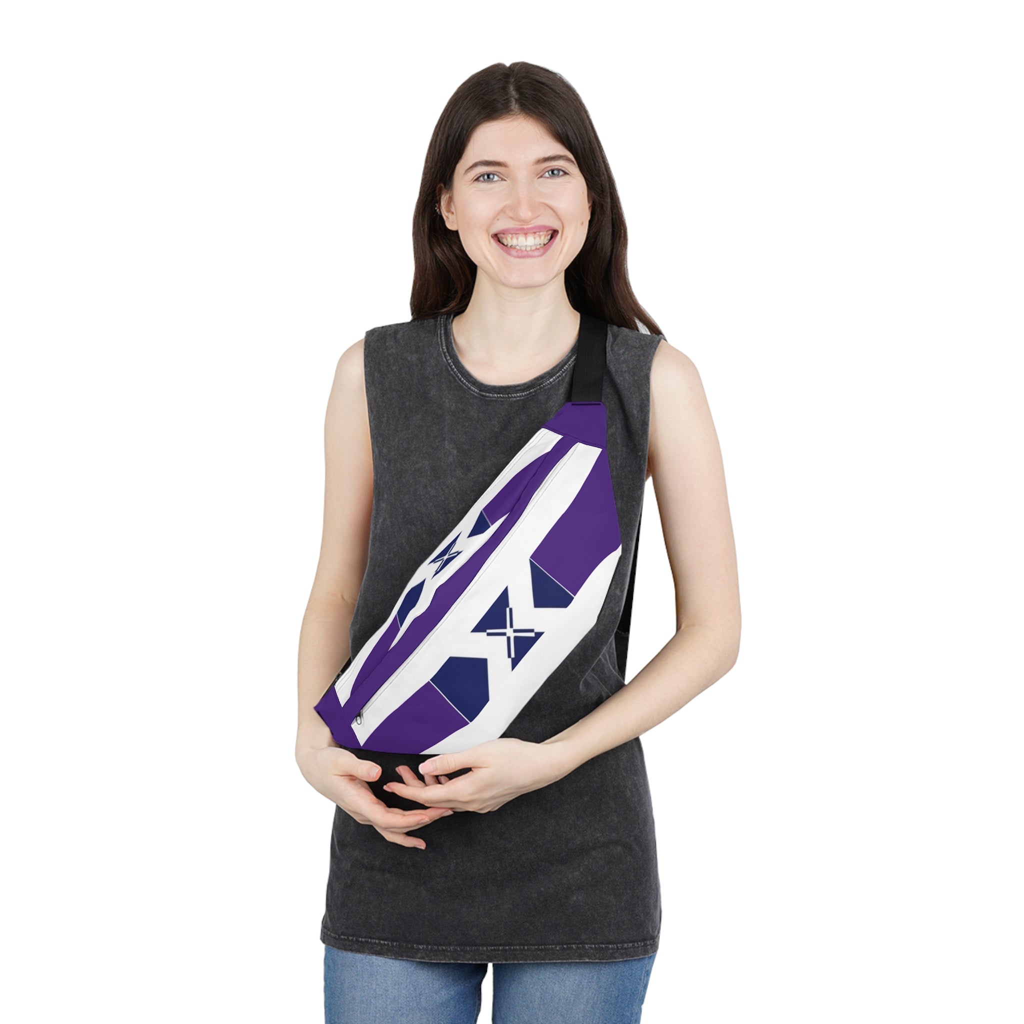 Purple Geometric Stripe Fanny Pack — Large Waist Bag with X Accent