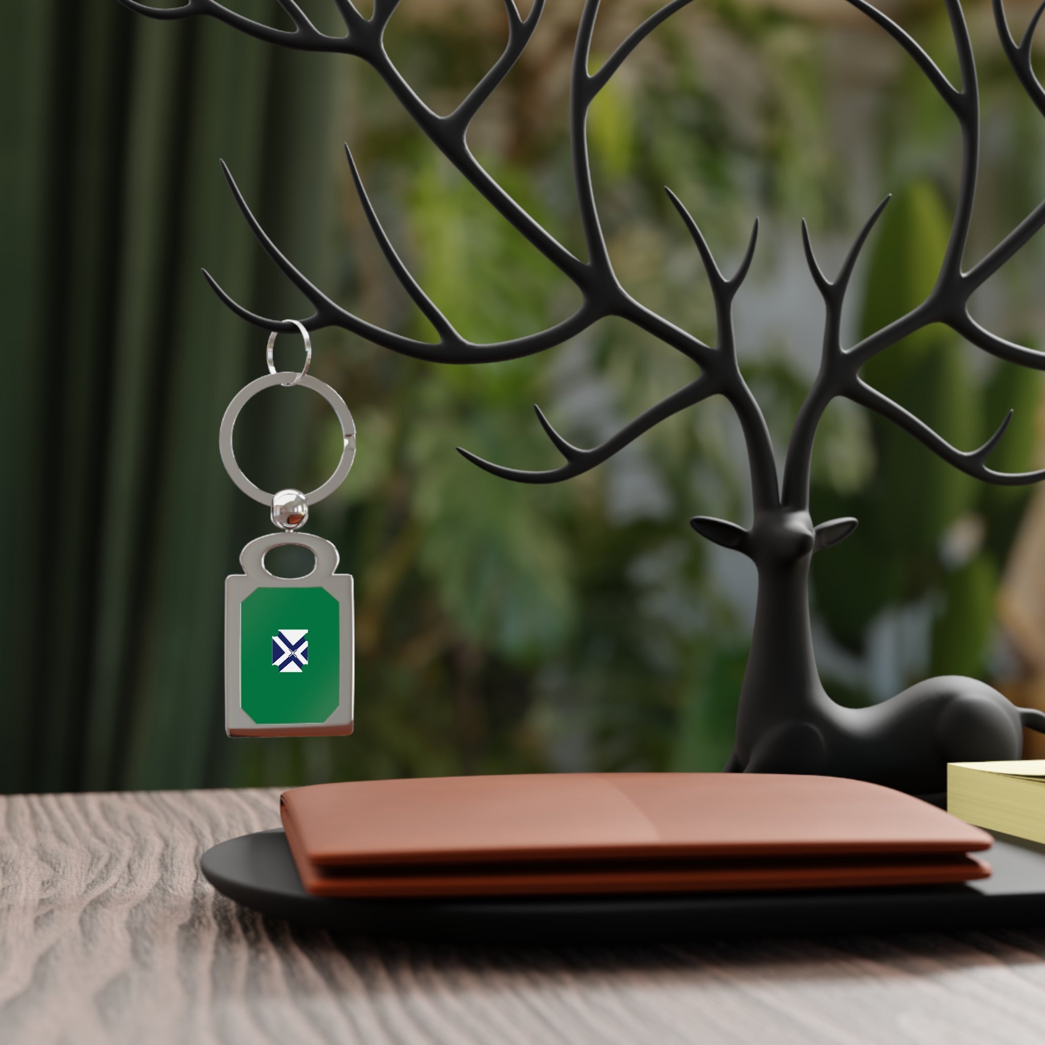 Rectangle Photo Keyring — Custom Photo Metal Keychain with Green Crest Design