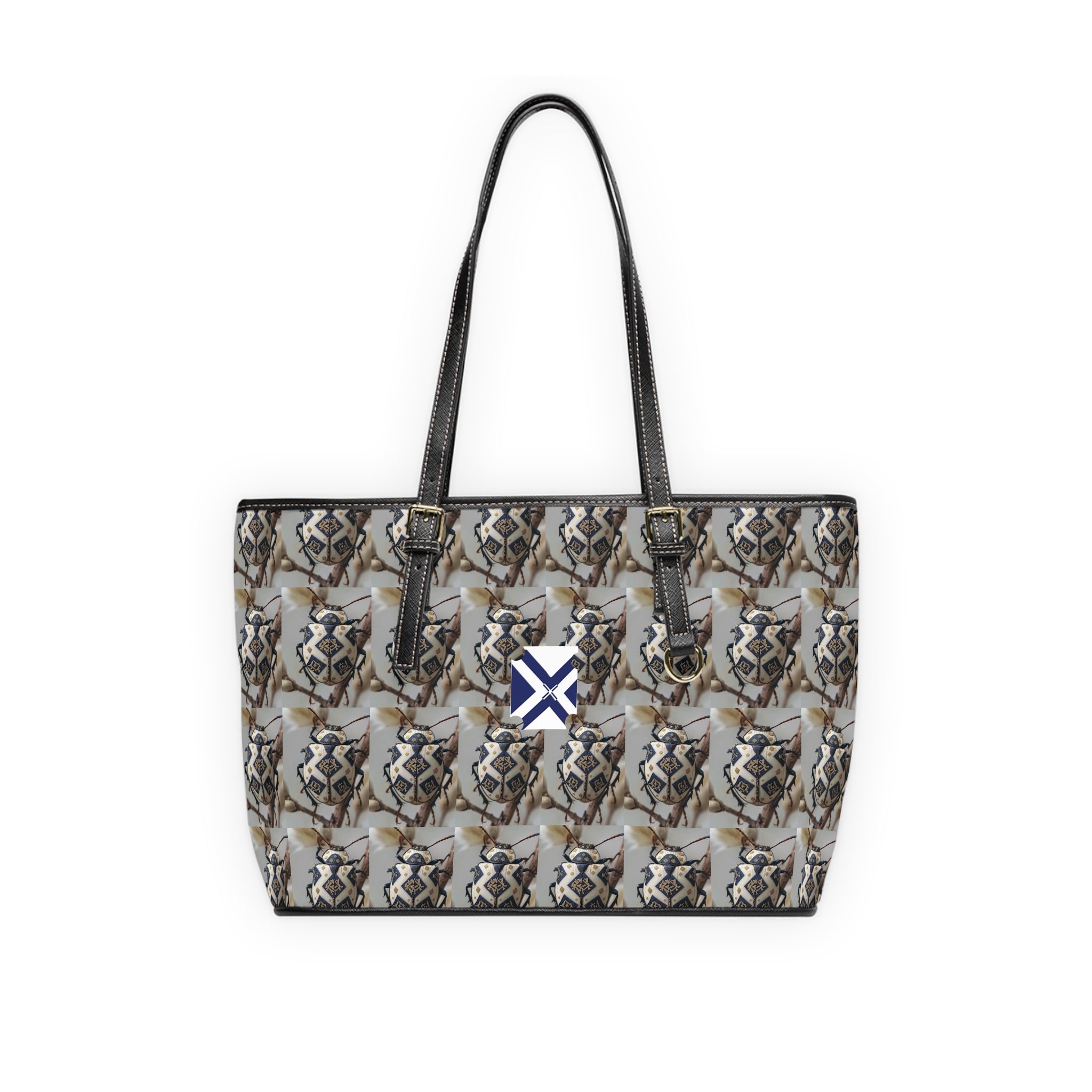 Shoulder Bag - Neutral Geometric Pattern PU Leather Tote