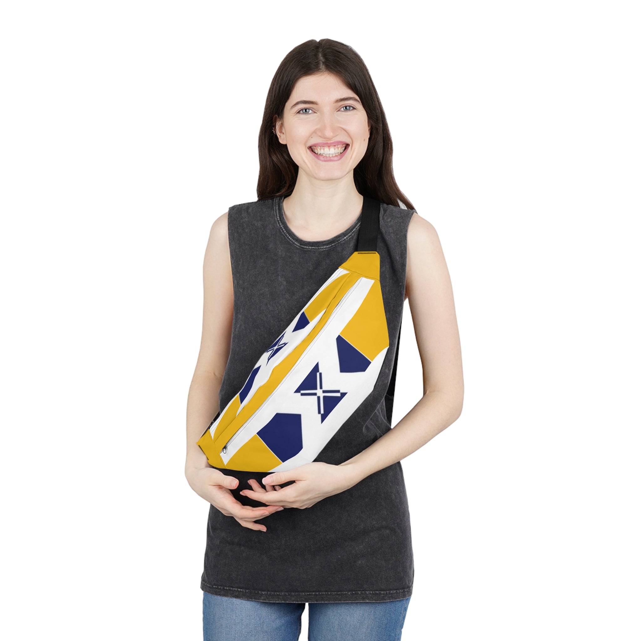 Yellow & Navy Geometric Fanny Pack — Large Waist Bag with Cross Motif