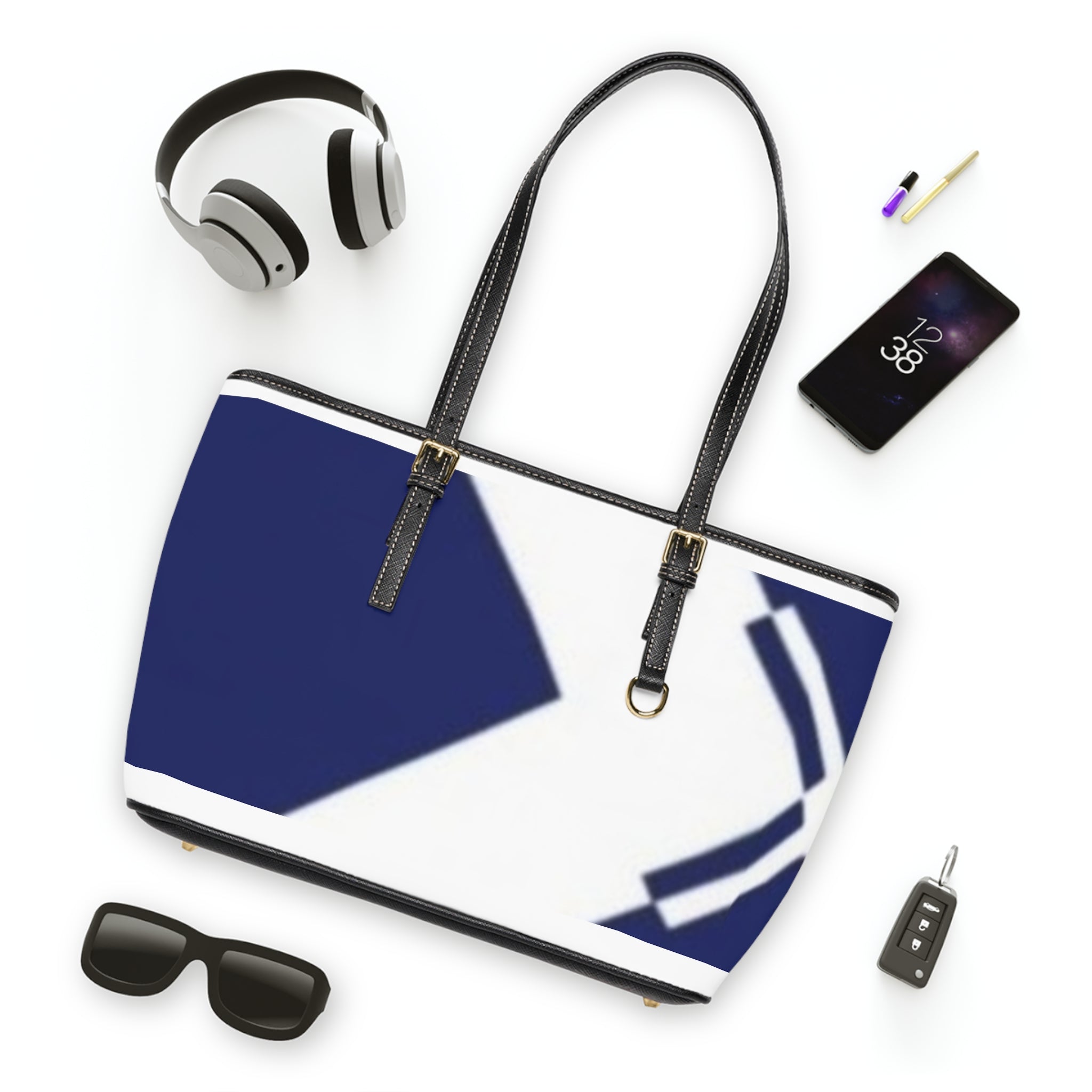 Navy Arrow PU Leather Shoulder Bag – Modern Geometric Tote