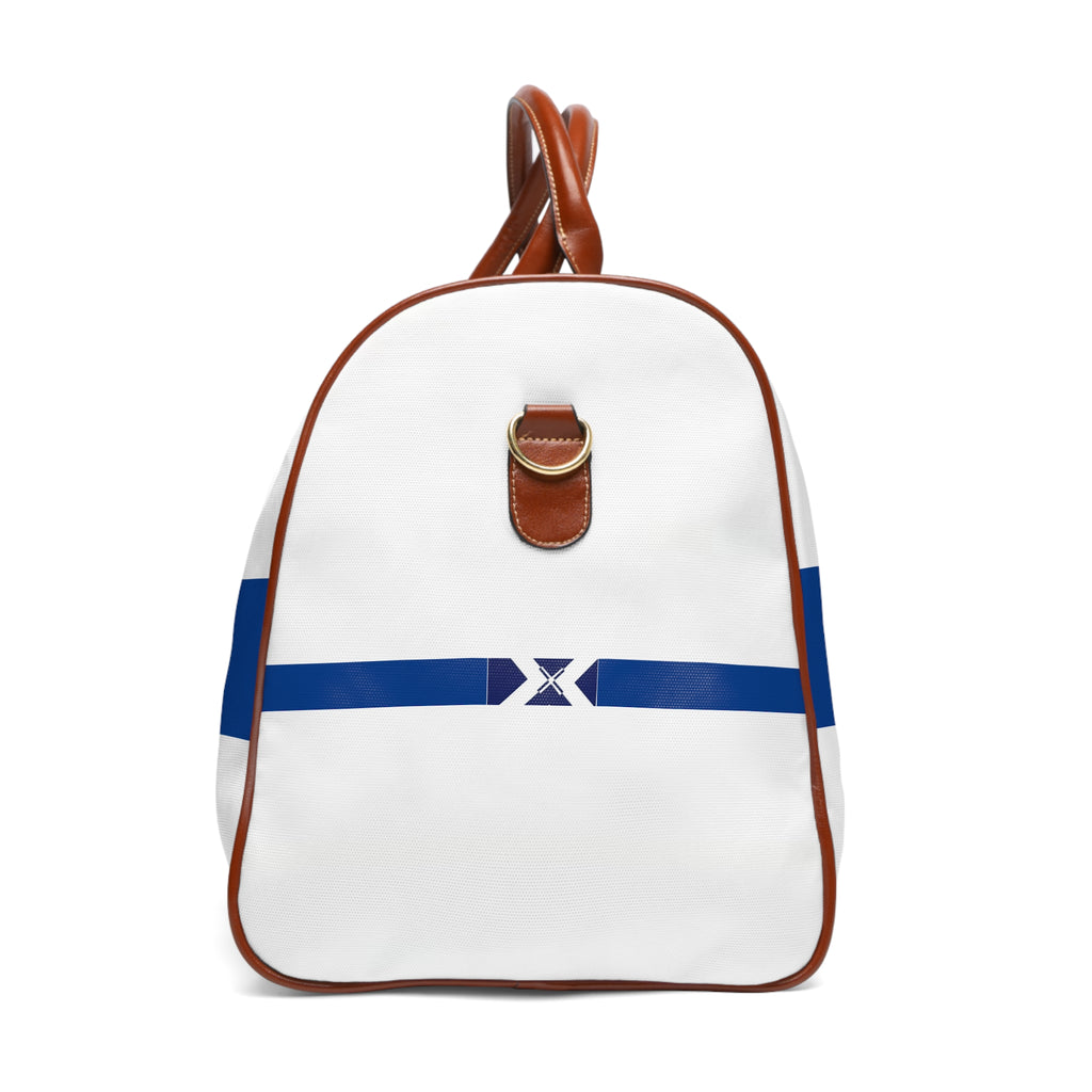 Waterproof Travel Bag — Nautical Blue Stripe Duffle with X Emblem