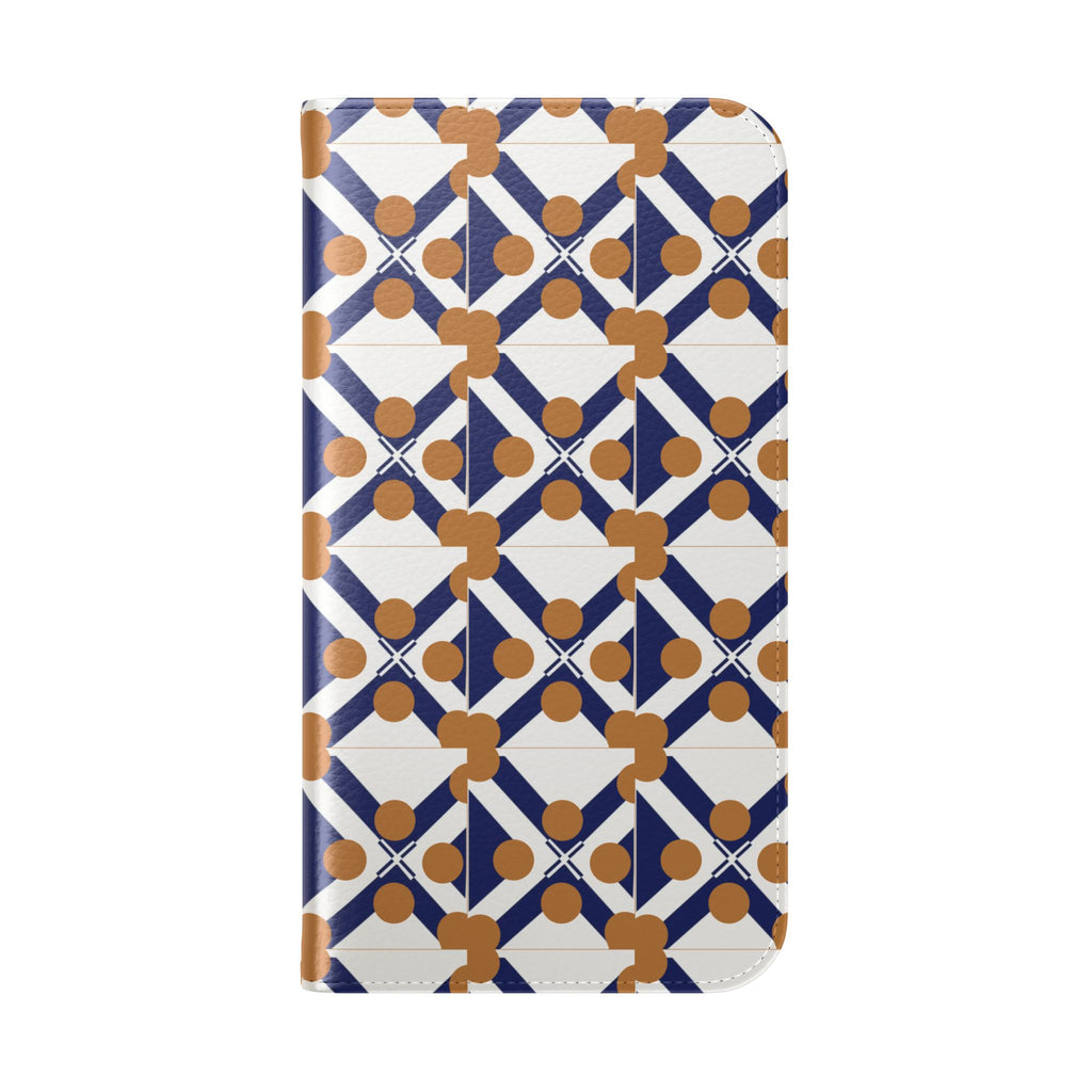 XT7 Tile Flip Phone 16 Case — Navy & Terracotta Pattern Wallet Cover