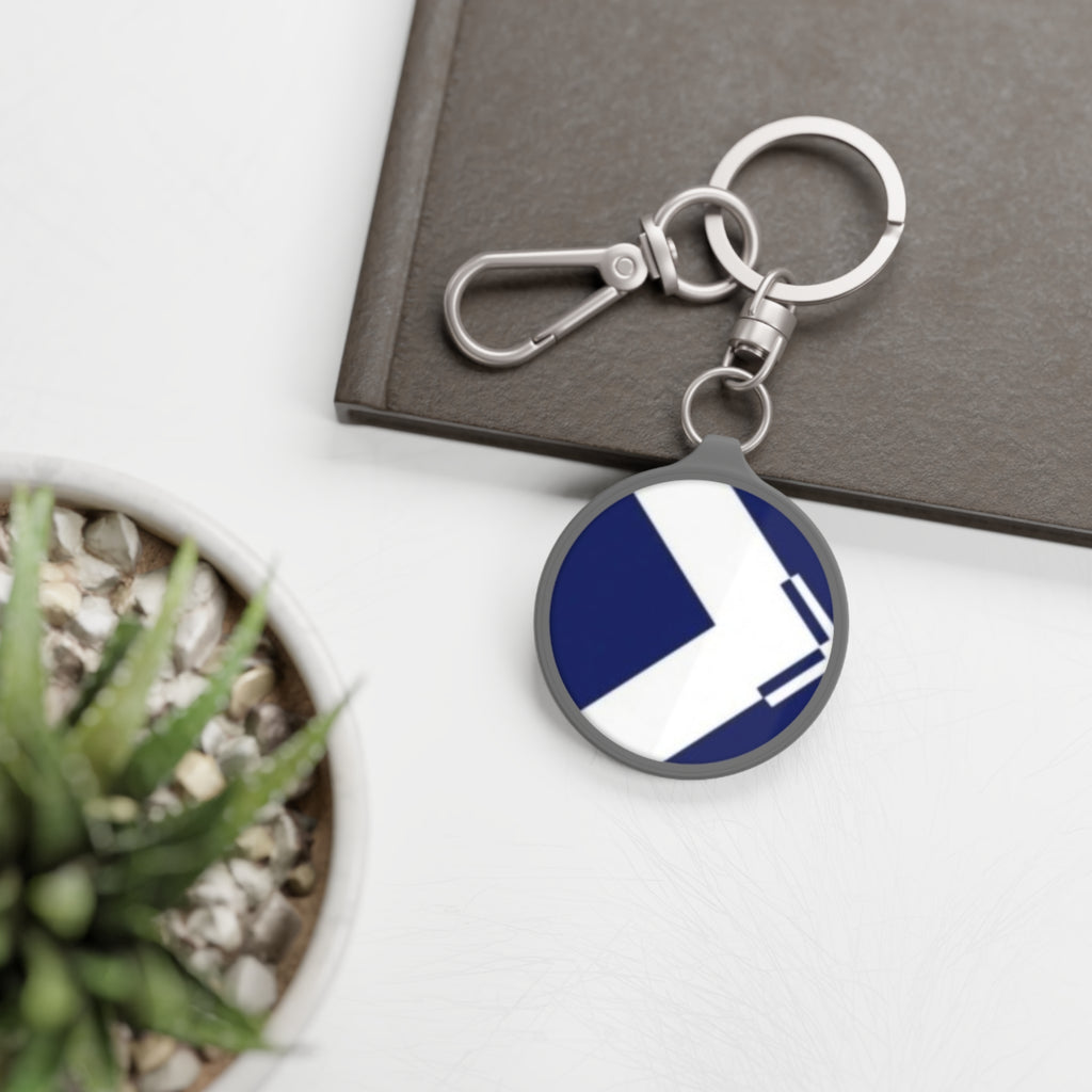 Chevron Blue Round Keyring Tag — Modern Geometric Keychain