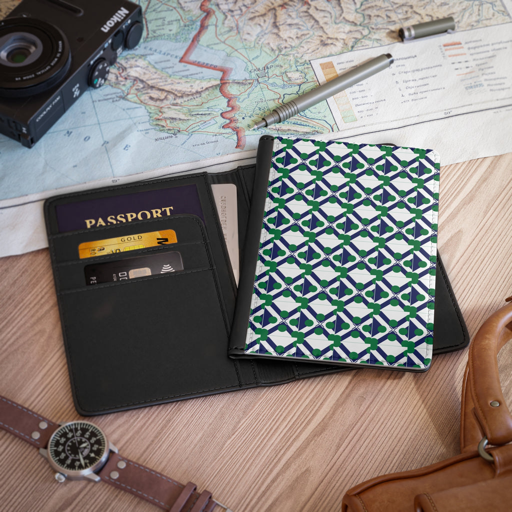 Geometric Green & Navy Passport Cover — Travel Wallet with Modern Tile Pattern