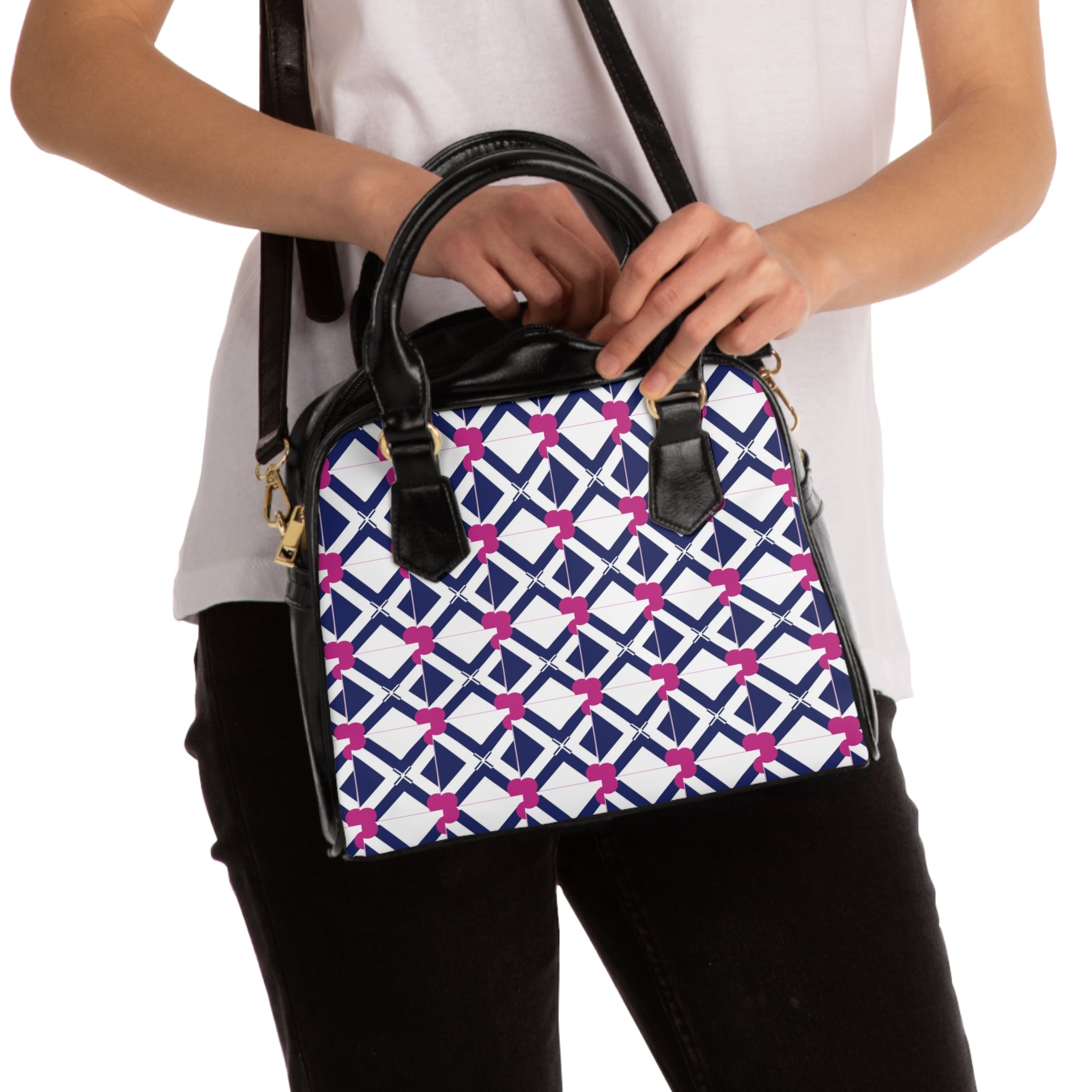 XT9 Navy & Pink Pattern Shoulder Handbag