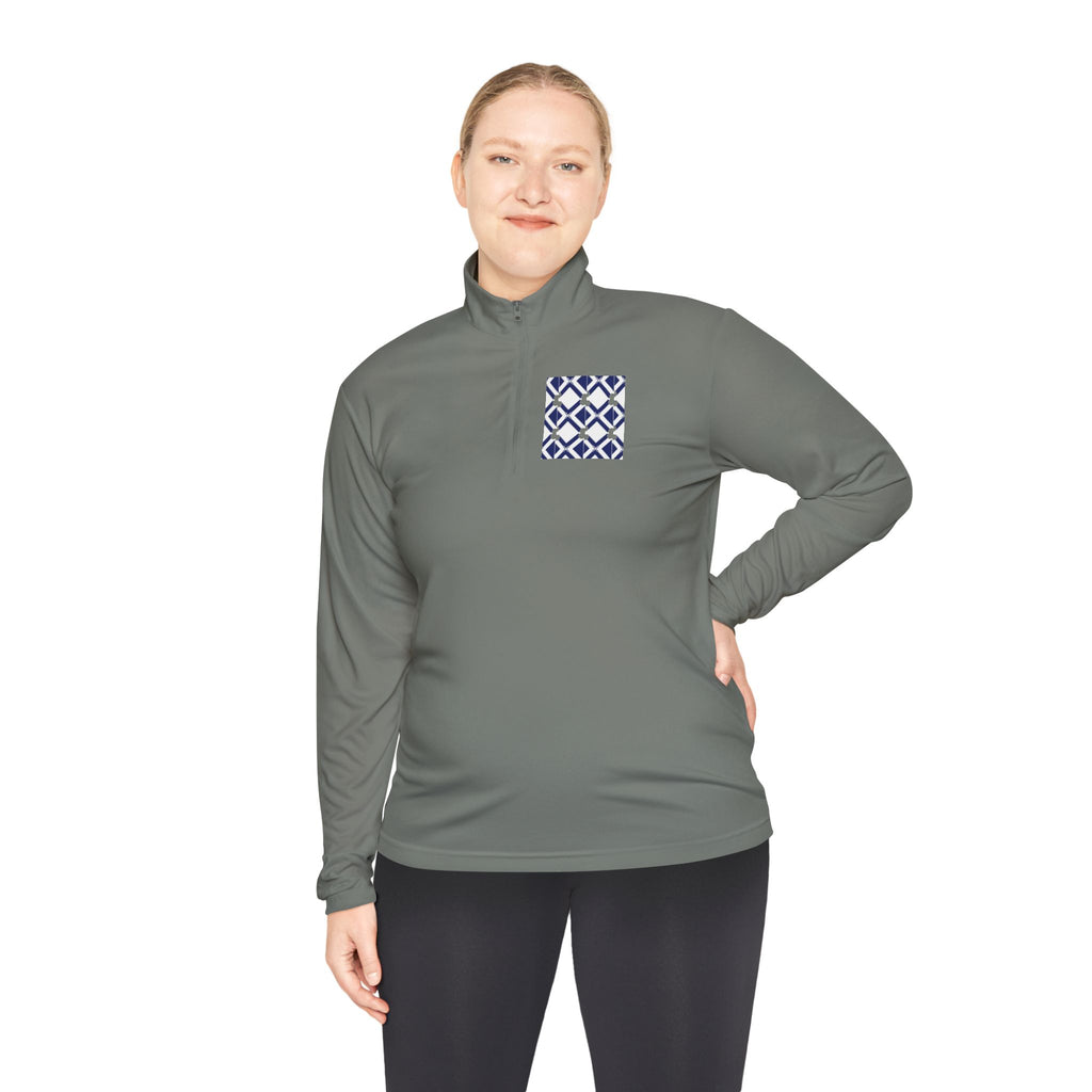 Quarter-Zip Pullover — Navy Geometric Tile Chest Graphic