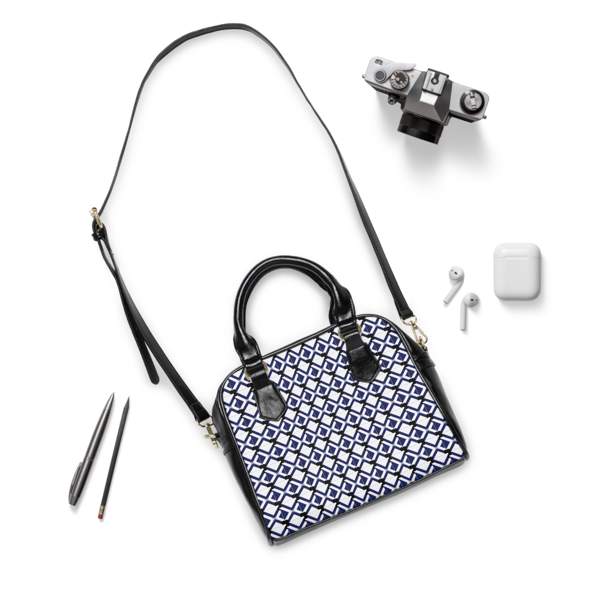Geometric Navy Tile Shoulder Handbag