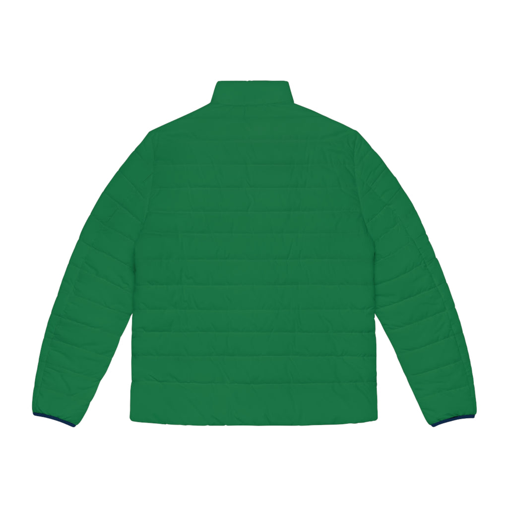 Puffer Jacket — Green Quilted Men’s Coat with Navy-White Cross Emblem