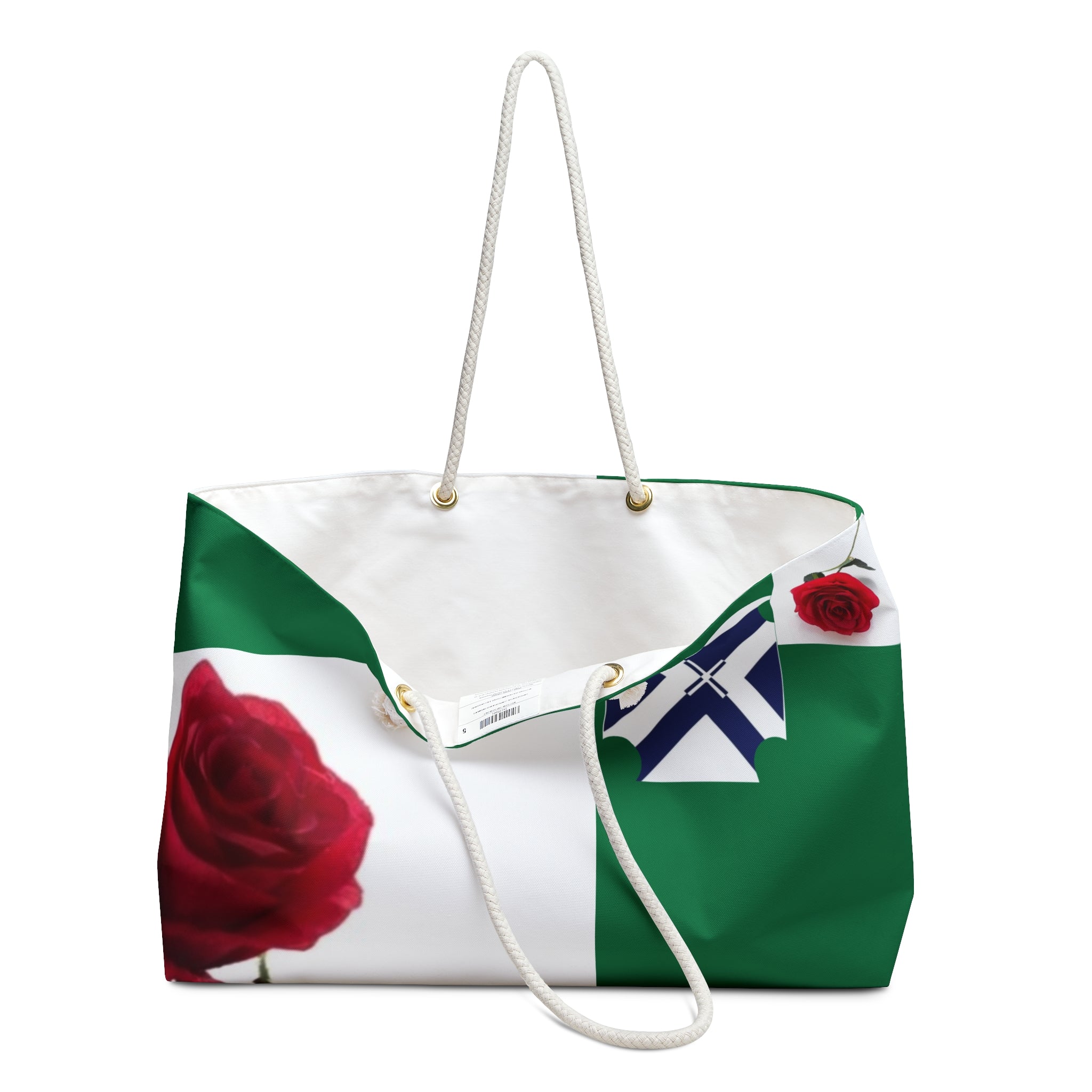 Green Rose Weekender Bag — Floral Travel Tote with Nautical Accent