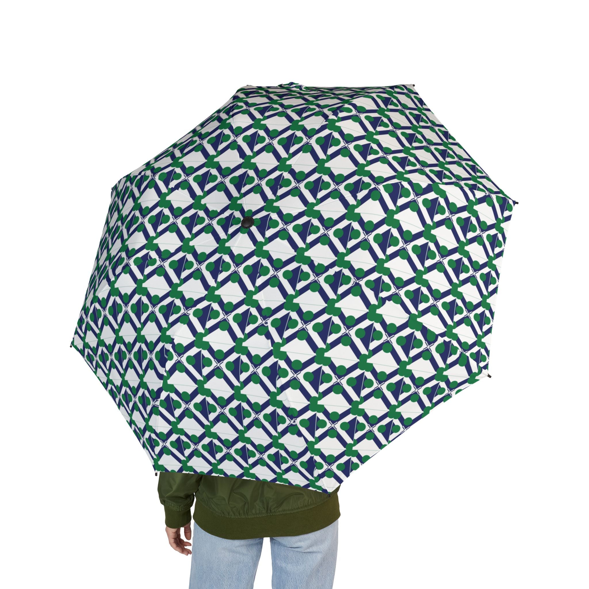 XT9 Foldable Umbrella — Geometric Blue-Green Pattern, Semi-Automatic Compact Rain Umbrella