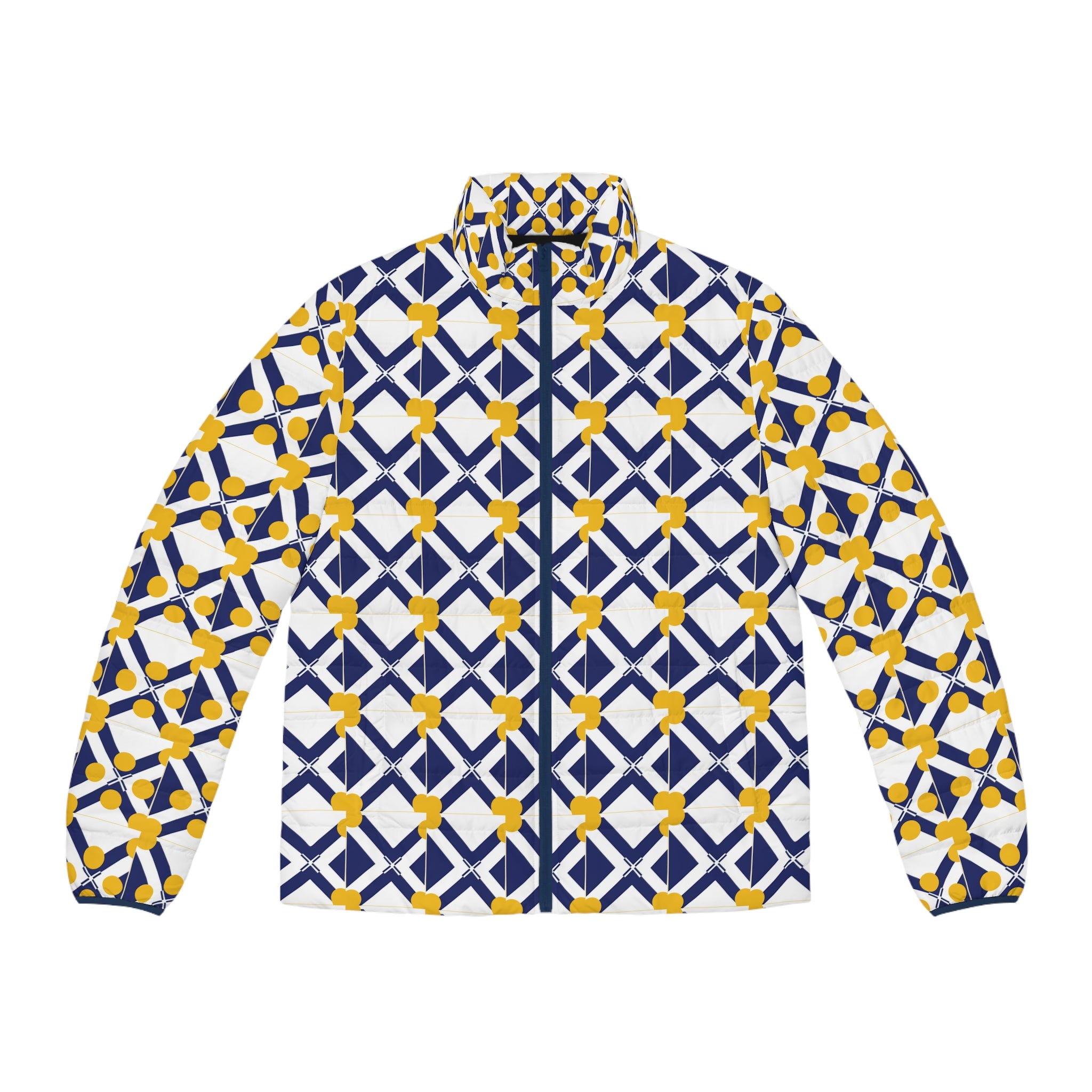 XT8 plus XT9 Puffer Jacket - Geometric Navy & Yellow Tile Print
