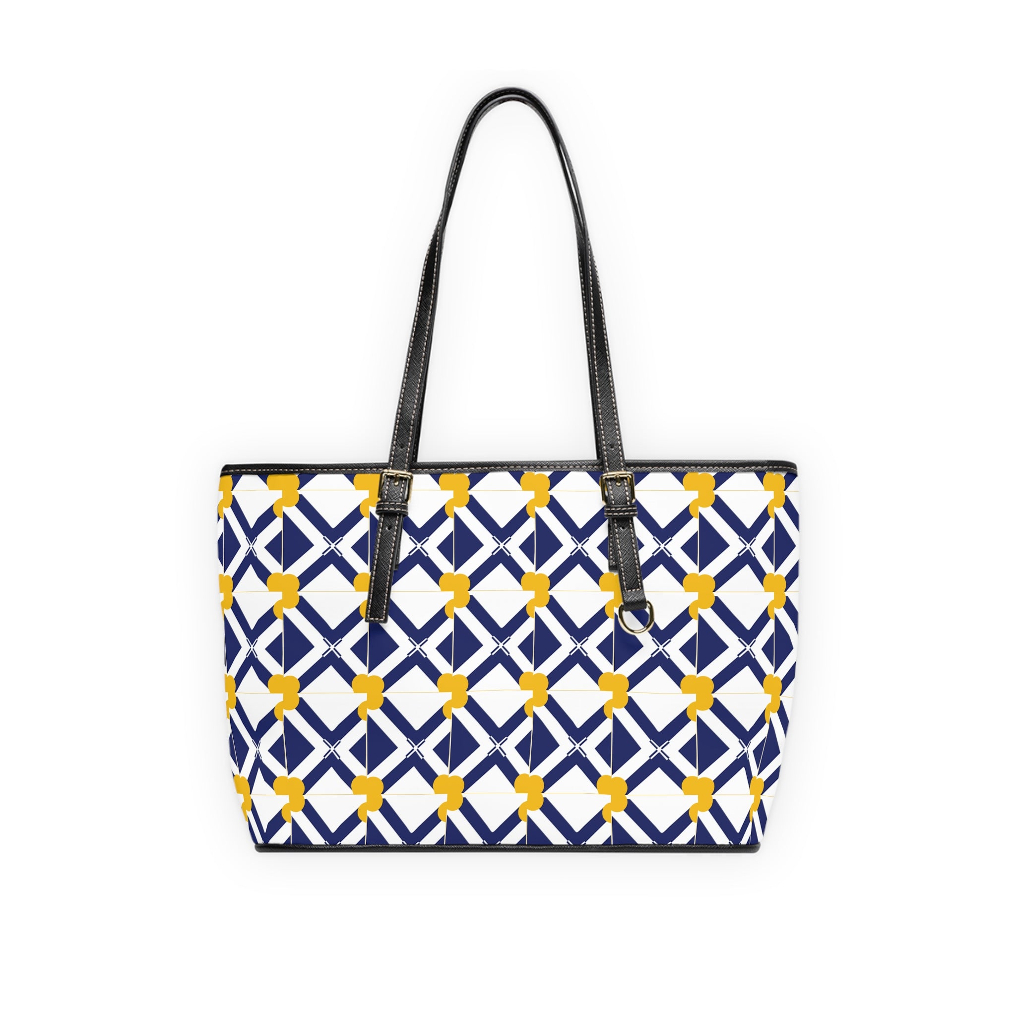 XT8 Leather Shoulder Bag - Navy Geometric Lattice with Yellow Floral Accents Tote