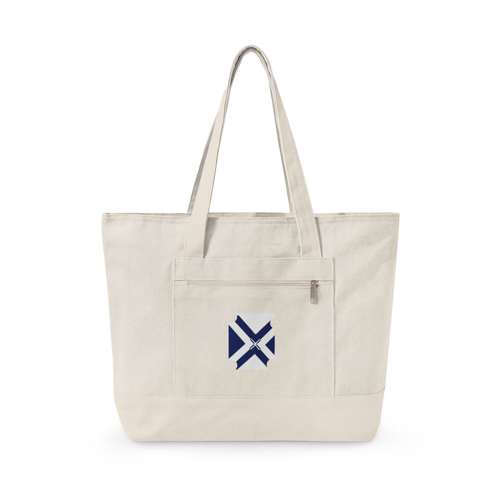 Canvas Tote Bag with Navy Geometric Cross Embroidery — Zippered Everyday Carry