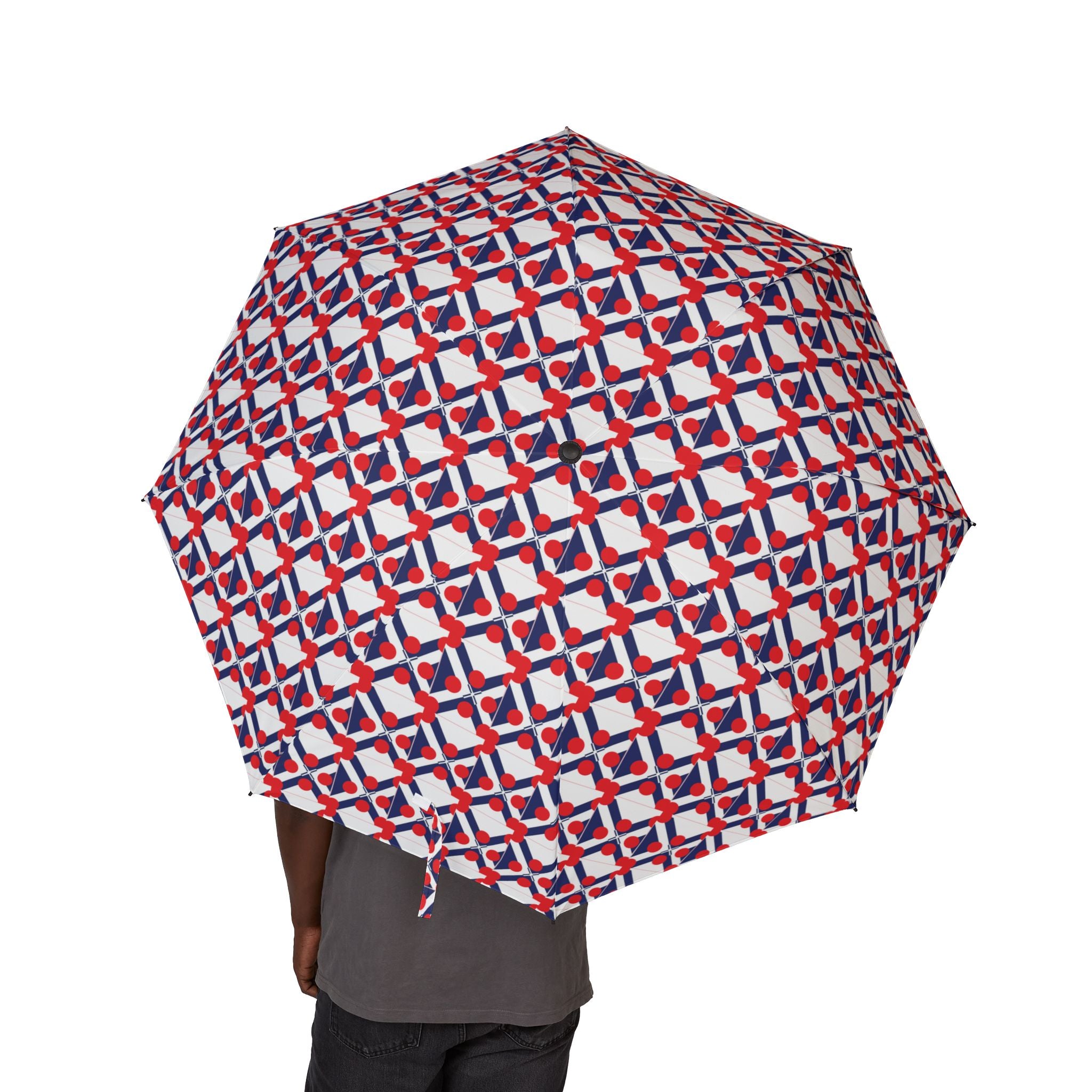 Foldable Umbrella — Red & Blue Geometric Pattern, Semi‑Automatic Compact Travel Umbrella