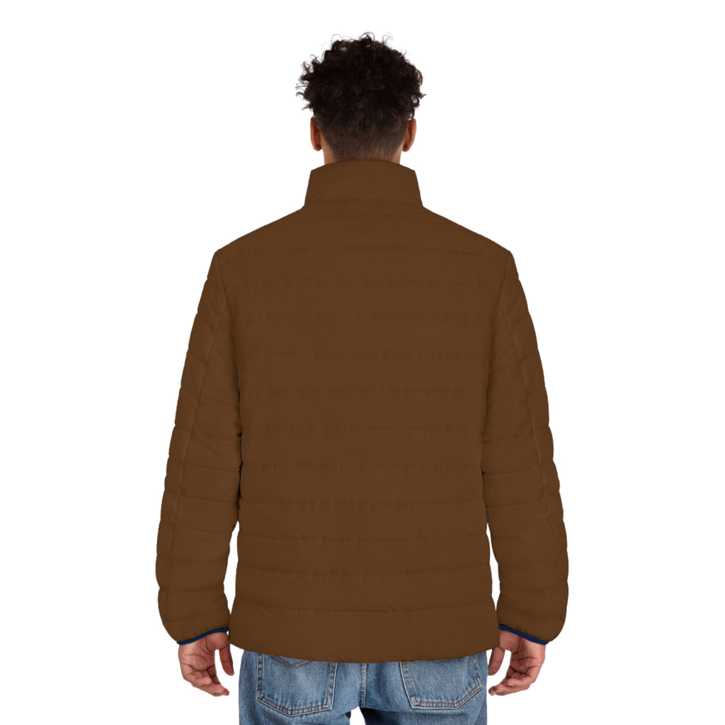 XT7 Brown Puffer Jacket with Geometric Patch — Men's Lightweight Quilted Coat