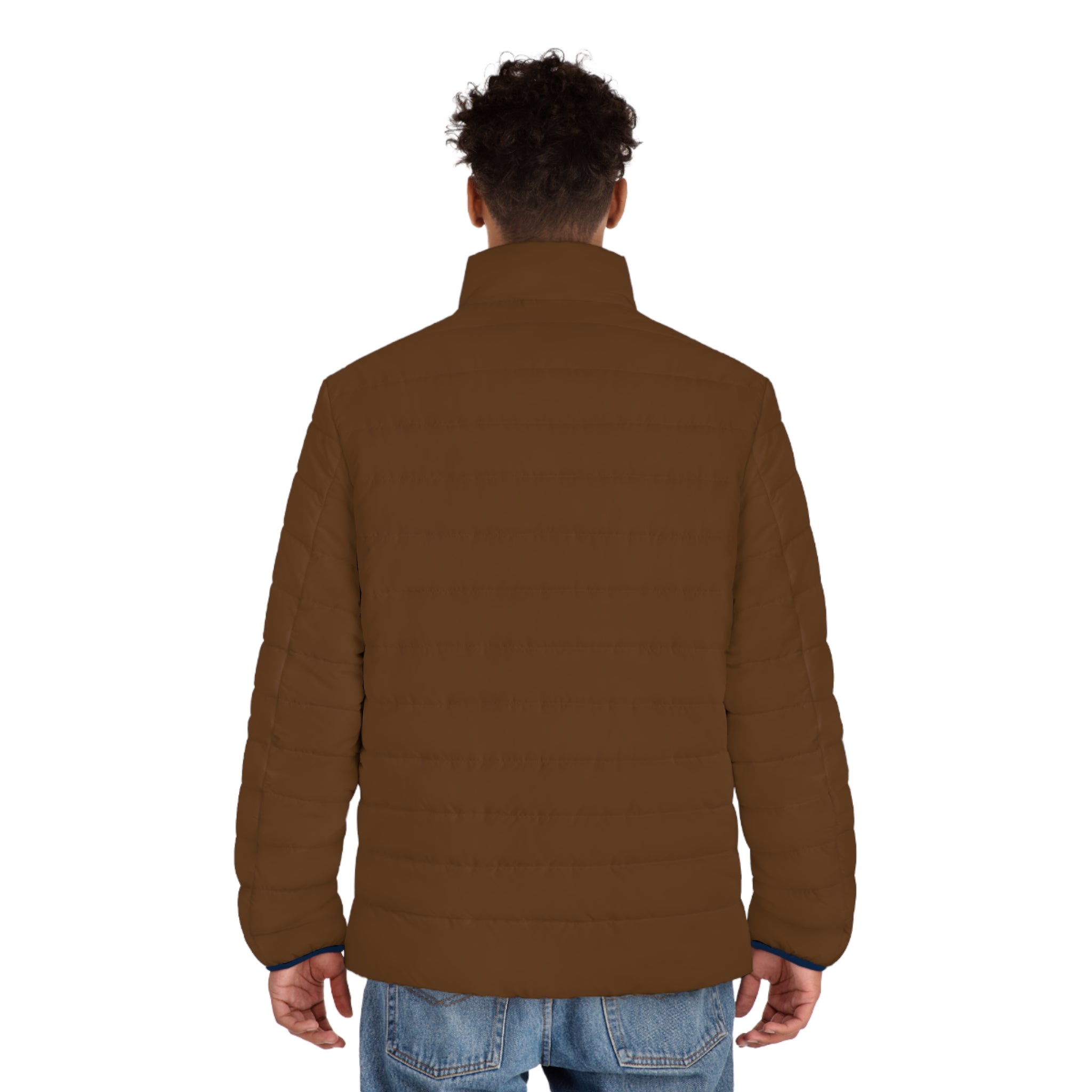 XT7 Brown Puffer Jacket with Geometric Patch — Men's Lightweight Quilted Coat