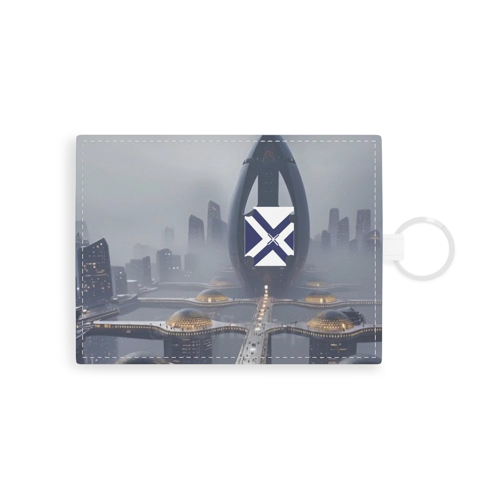 Saffiano Leather Card Holder — Futuristic Cityscape RFID Wallet with Keyring