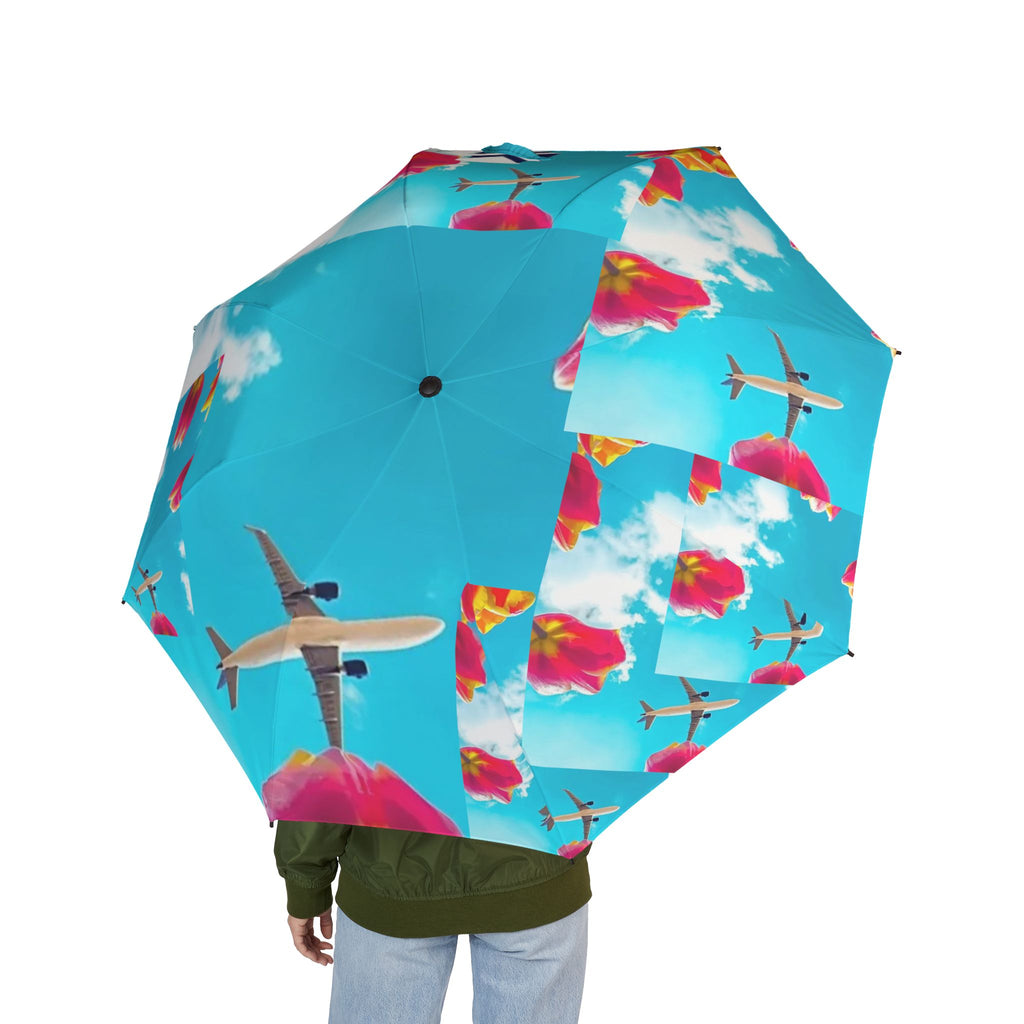 Travel-Print Foldable Umbrella — Blue Sky, Planes & Tulips Semi-Automatic Umbrella