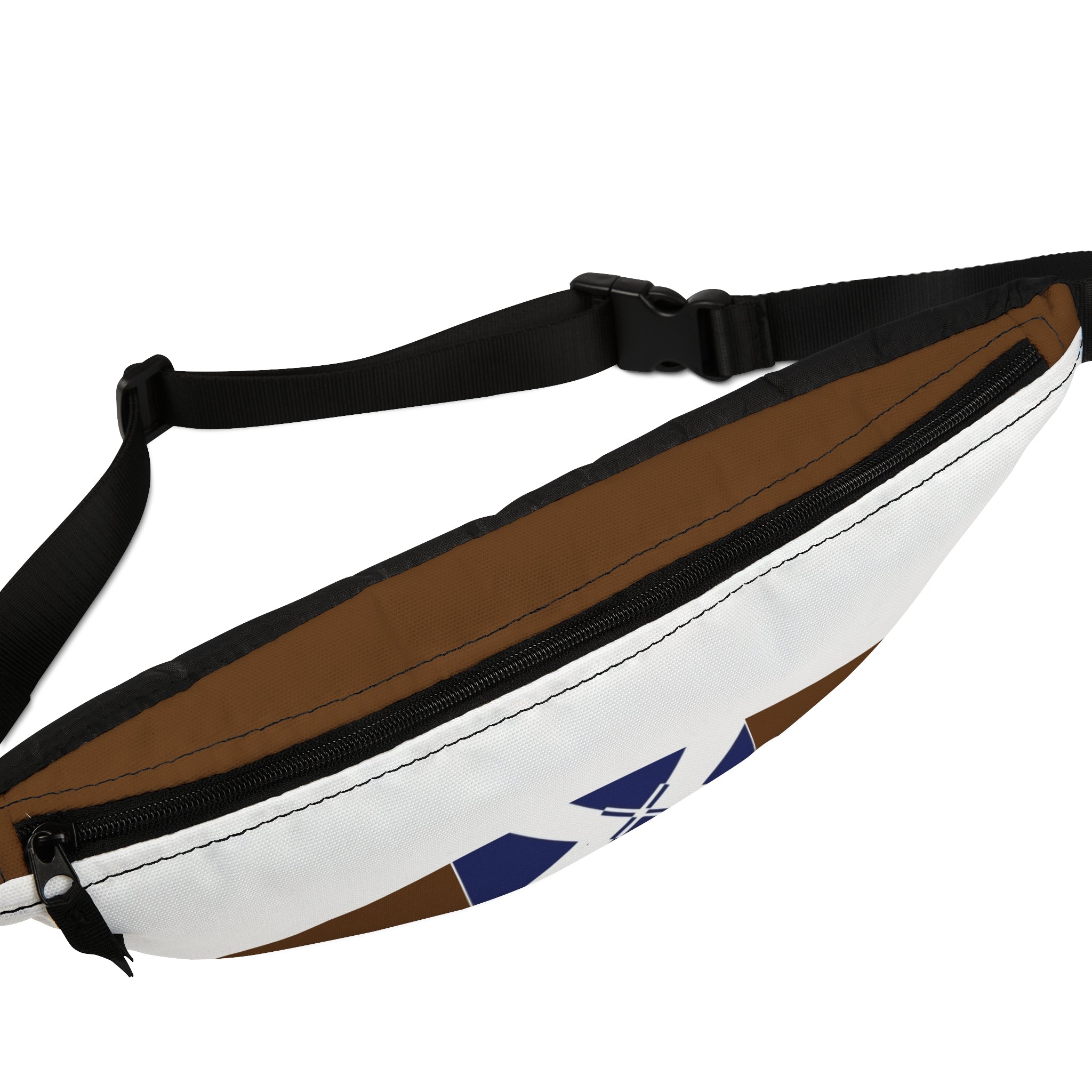 White & Brown Geometric Fanny Pack with Blue Accent — Minimalist Travel Belt Bag