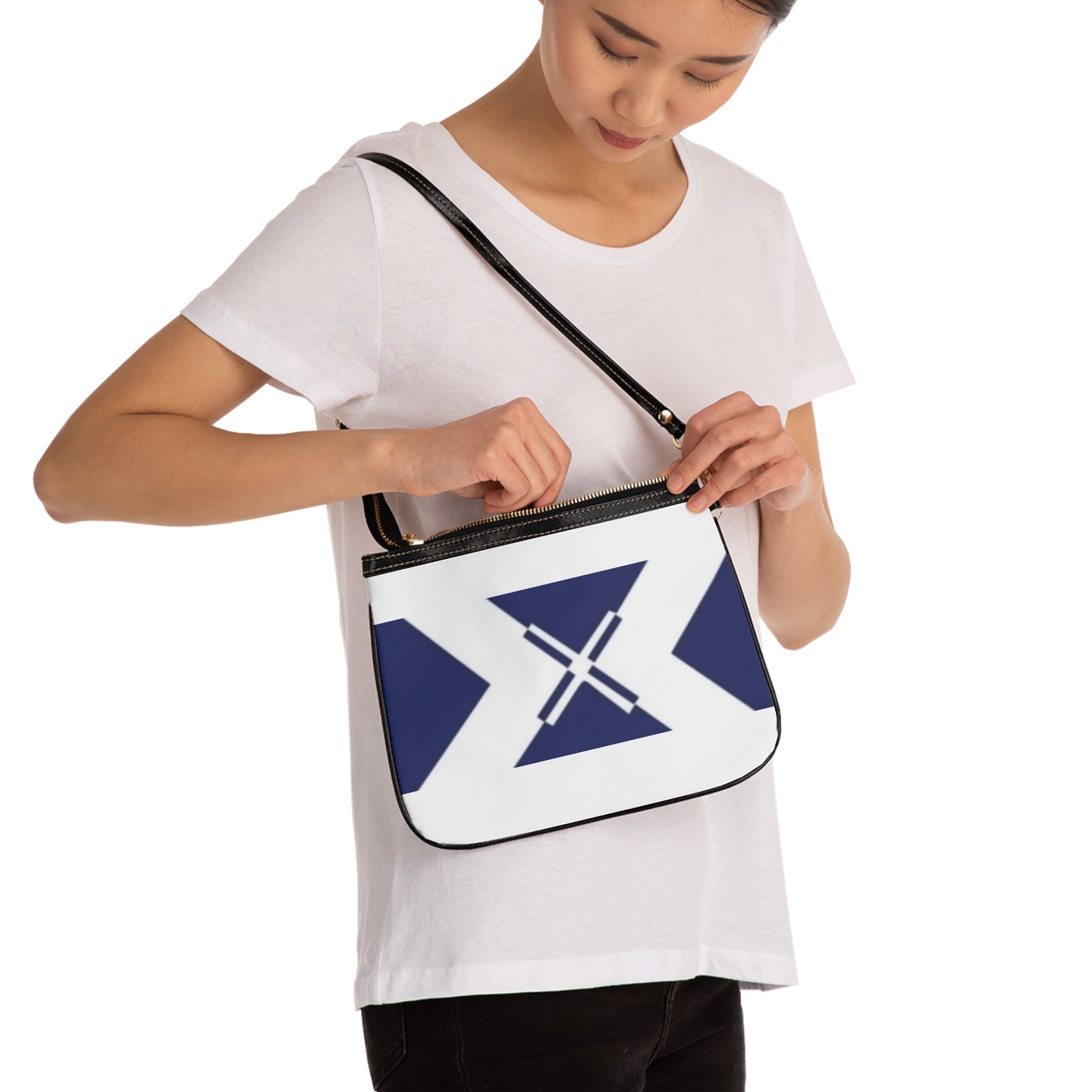 Small Shoulder Bag — Navy Geometric X Print Crossbody Purse