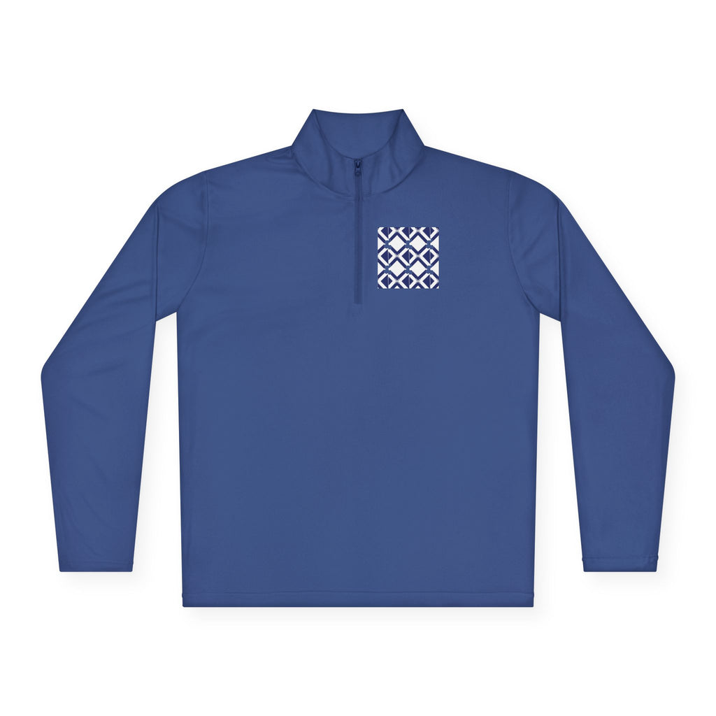 Quarter-Zip Pullover — Navy Geometric Tile Chest Graphic