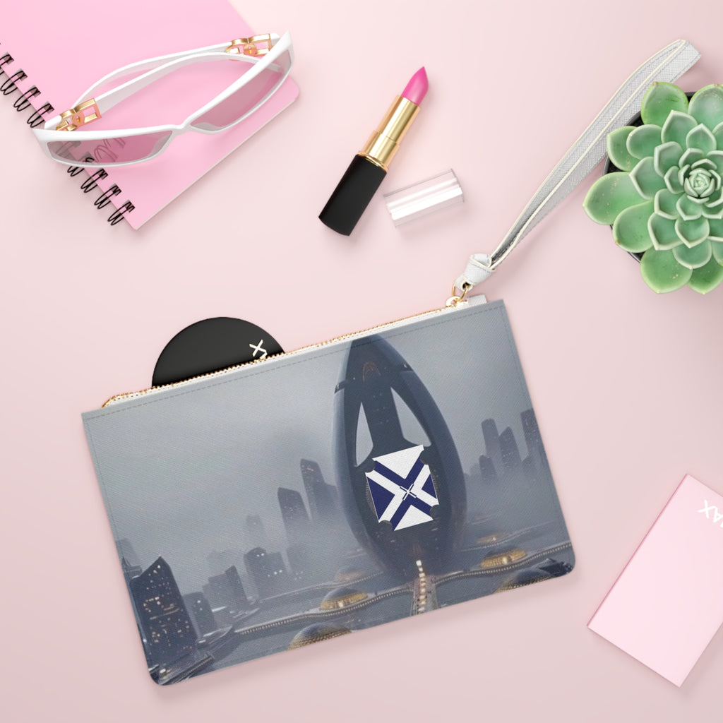 Futuristic Cityscape Clutch Bag — Sci‑Fi Skyline Wristlet with Emblem