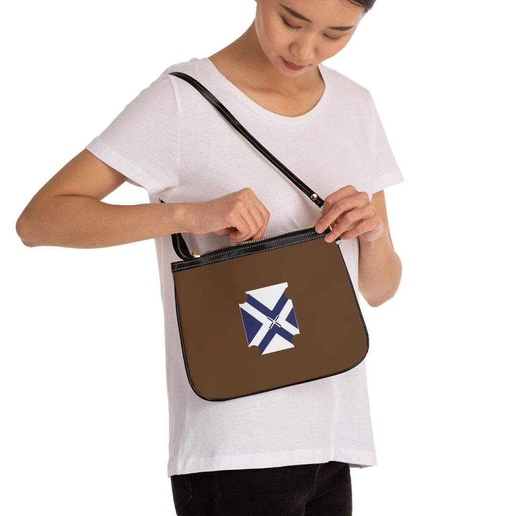 Brown Shoulder Bag with Geometric Blue Cross Emblem