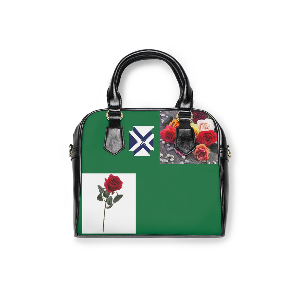 Green Rose Patchwork Shoulder Handbag — Floral Accent Tote
