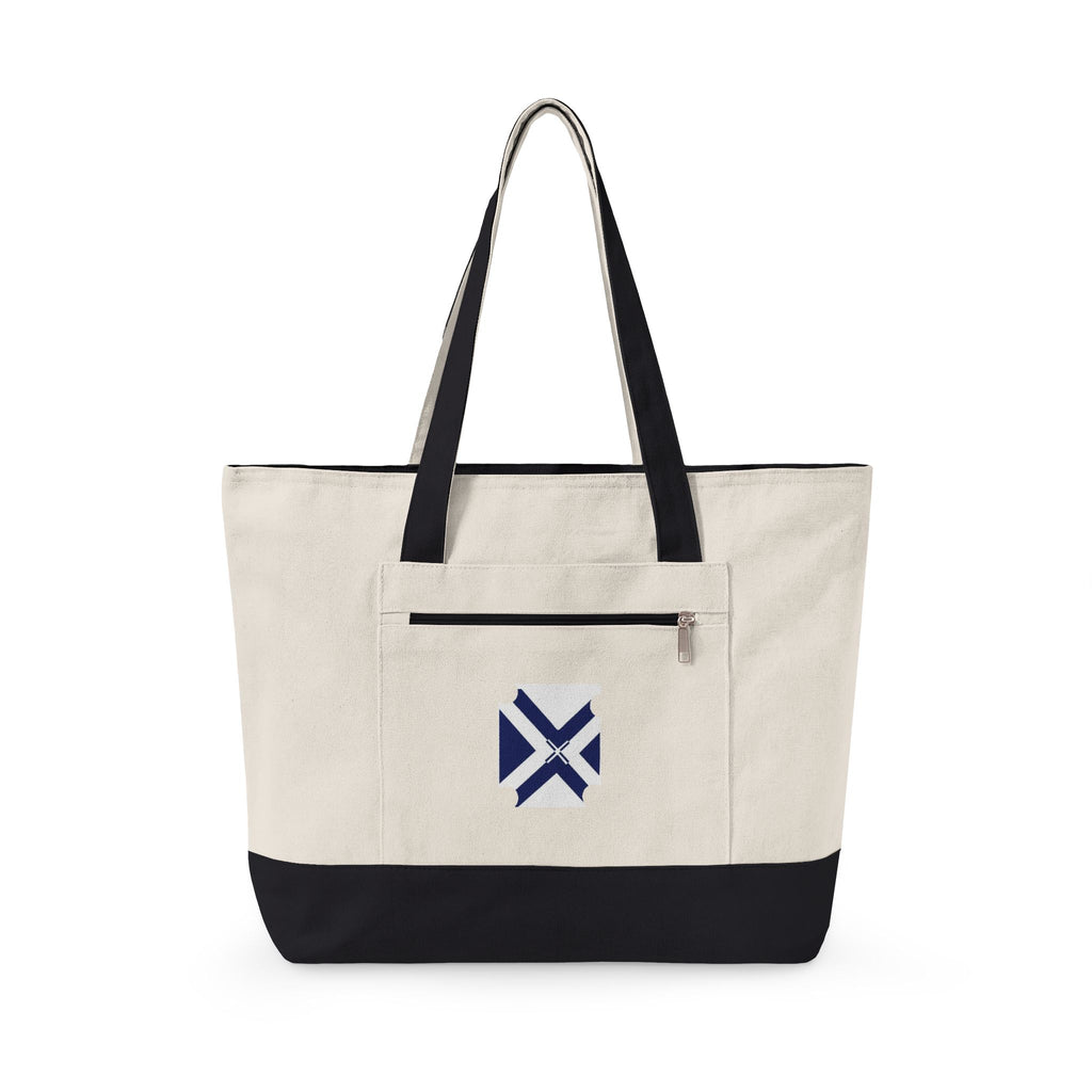 Canvas Tote Bag with Navy Geometric Cross Embroidery — Zippered Everyday Carry