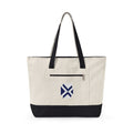 Canvas Tote Bag with Navy Geometric Cross Embroidery — Zippered Everyday Carry