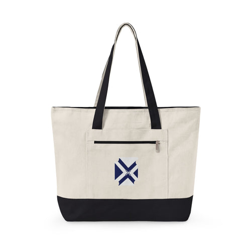 Canvas Tote Bag with Navy Geometric Cross Embroidery — Zippered Everyday Carry