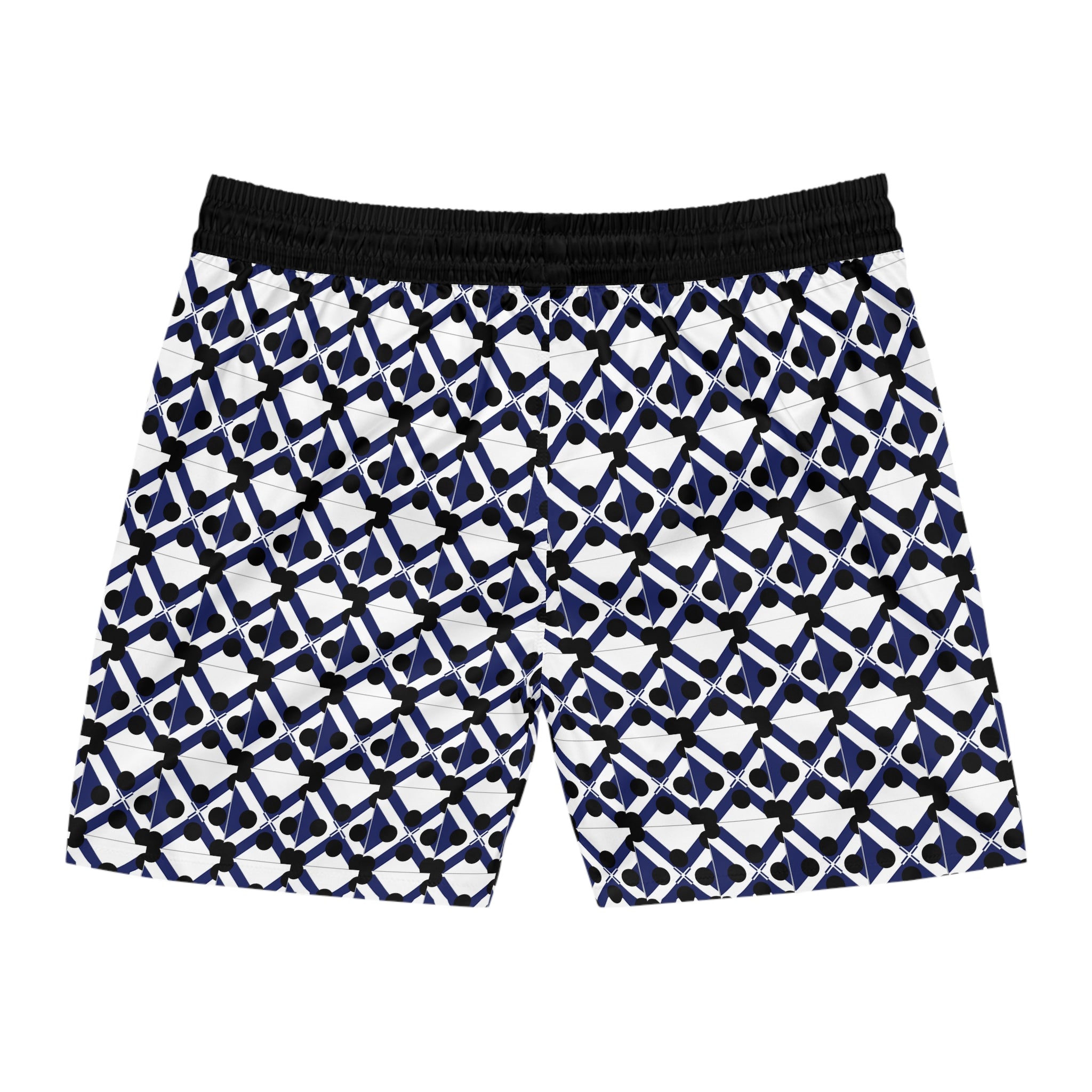Men's Geometric Navy Lattice Swim Shorts — Mid-Length Beach Trunks