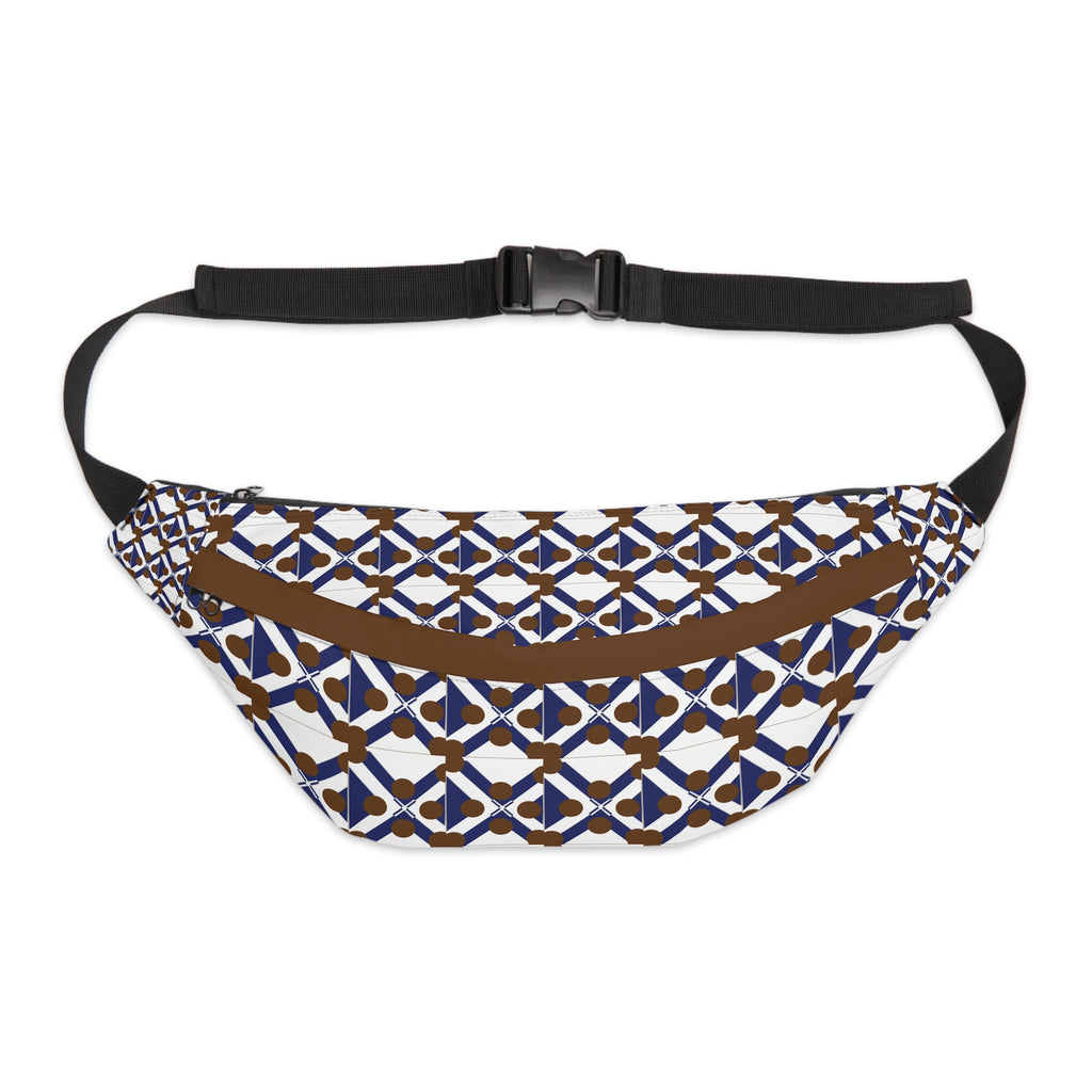 Geometric Tile Large Fanny Pack — Retro Blue & Brown Waist Bag