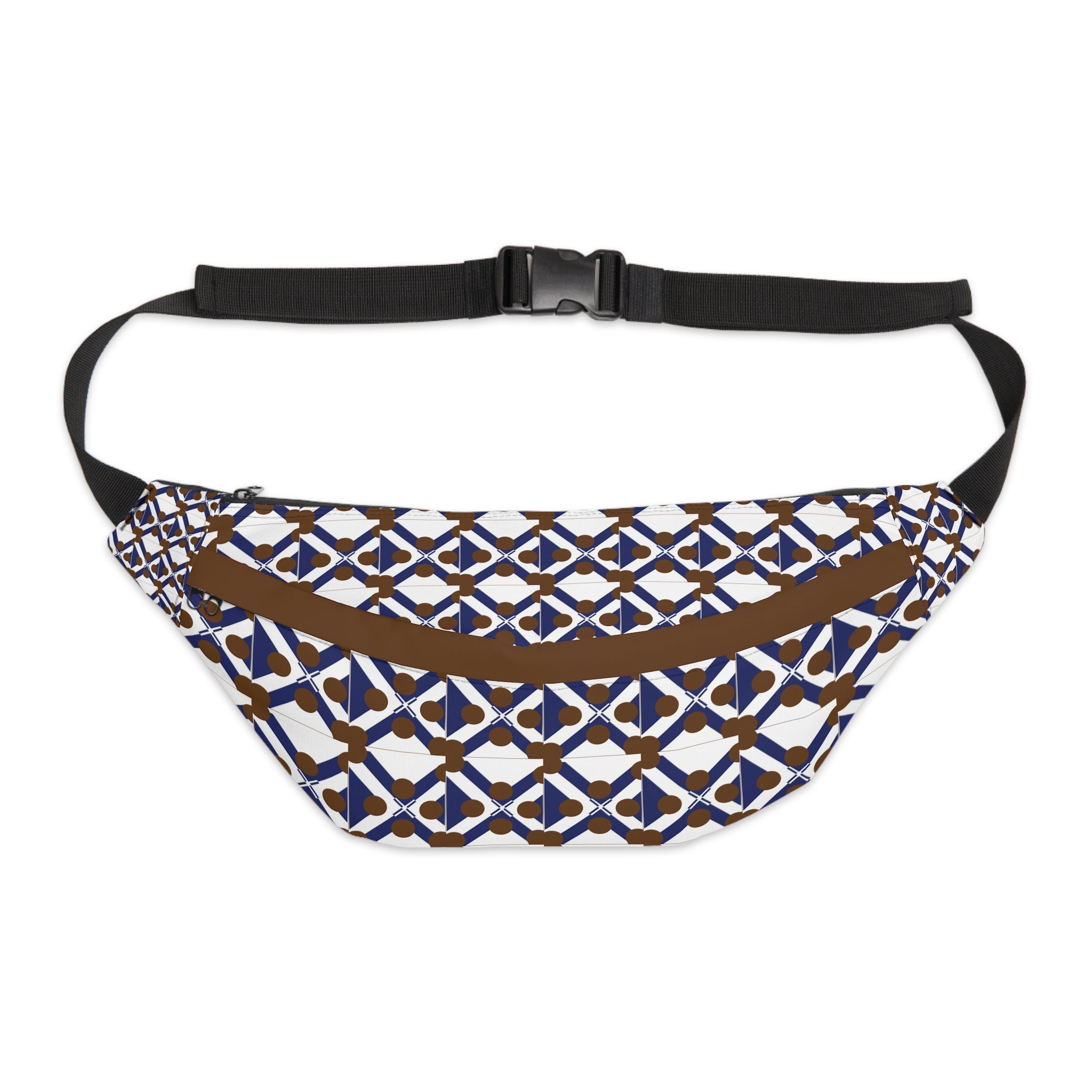 Geometric Tile Large Fanny Pack — Retro Blue & Brown Waist Bag