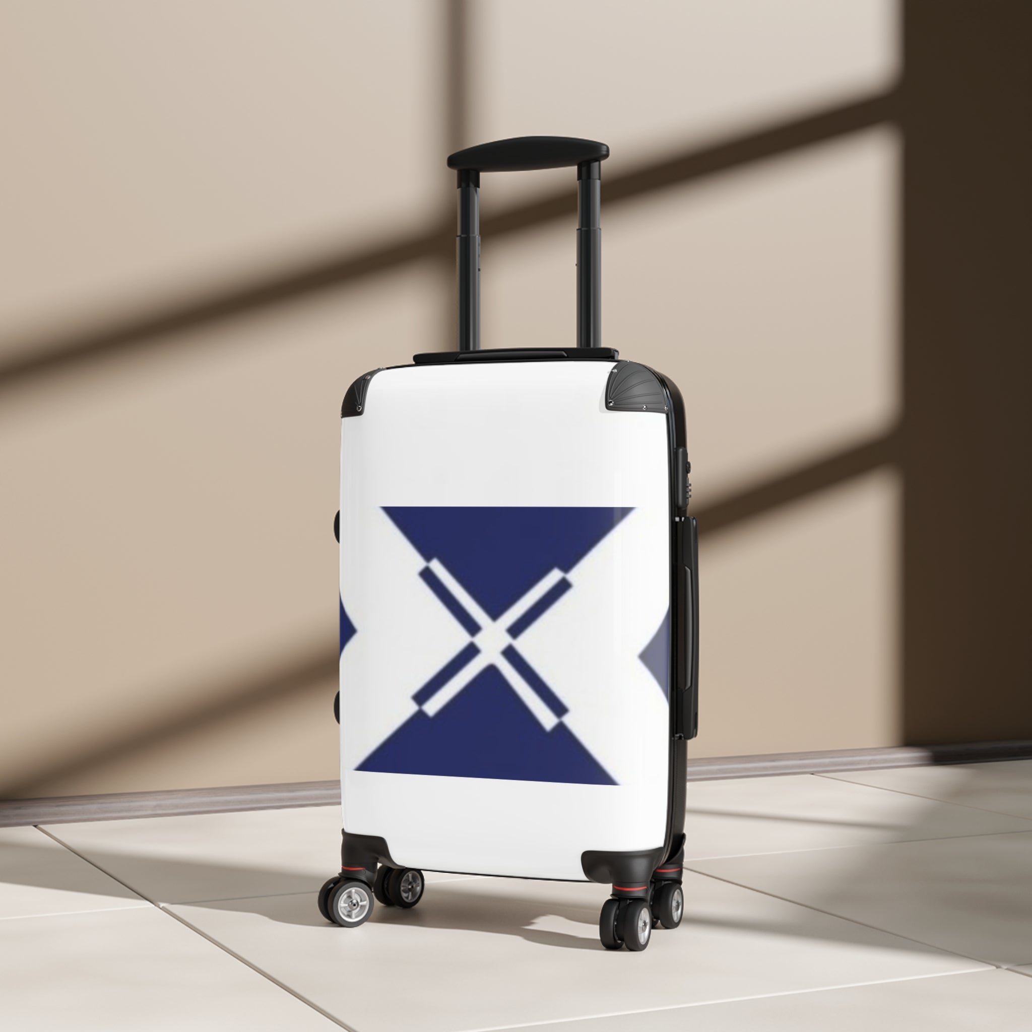 Navy Geometric X Carry-On Suitcase — Modern Travel Luggage