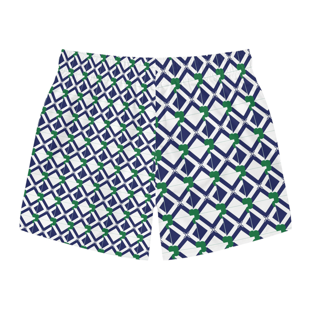 Swim Trunks — Navy Geometric Lattice Pattern with Green Accents